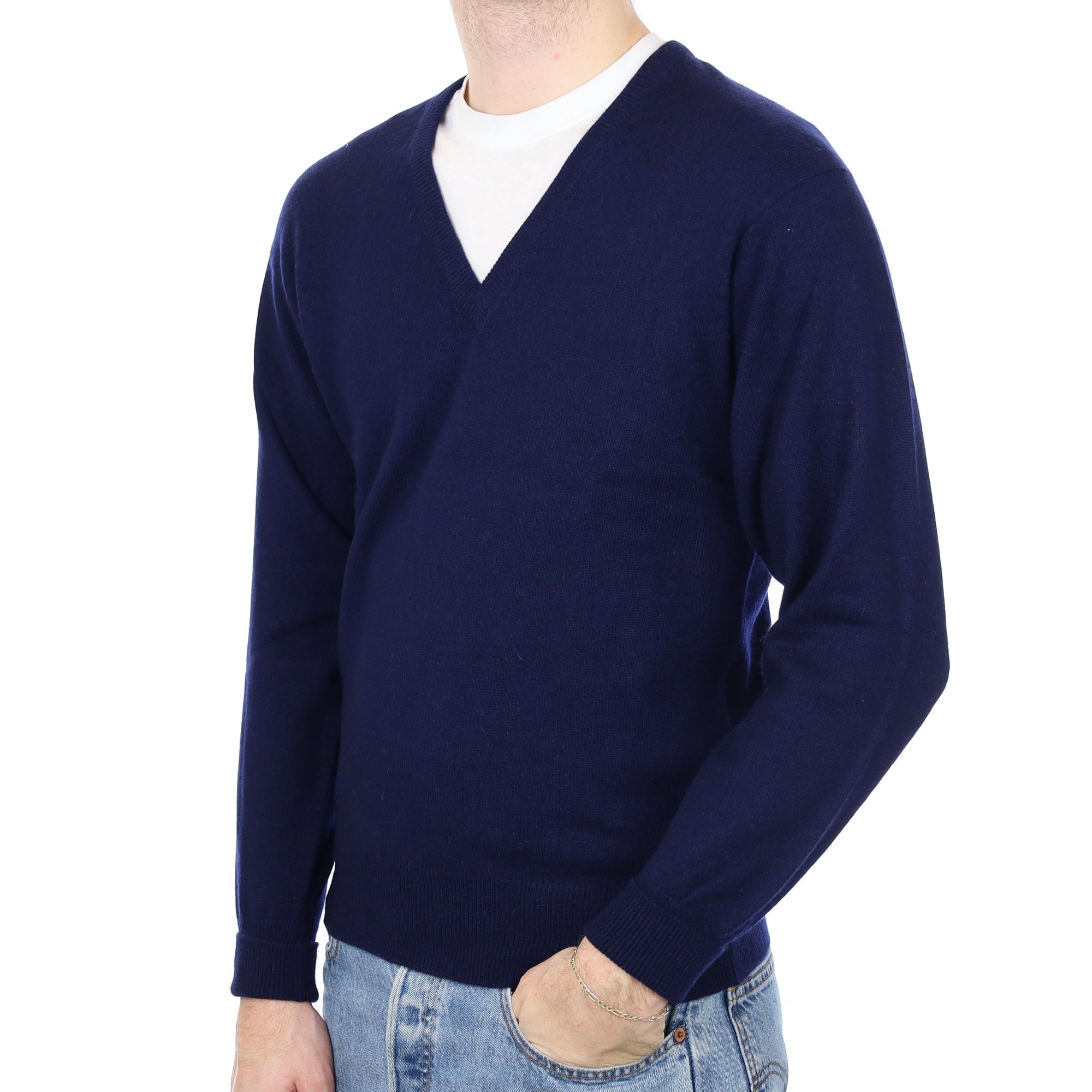 Men's Vintage Navy Blue Cashmere V Neck Jumper Medium