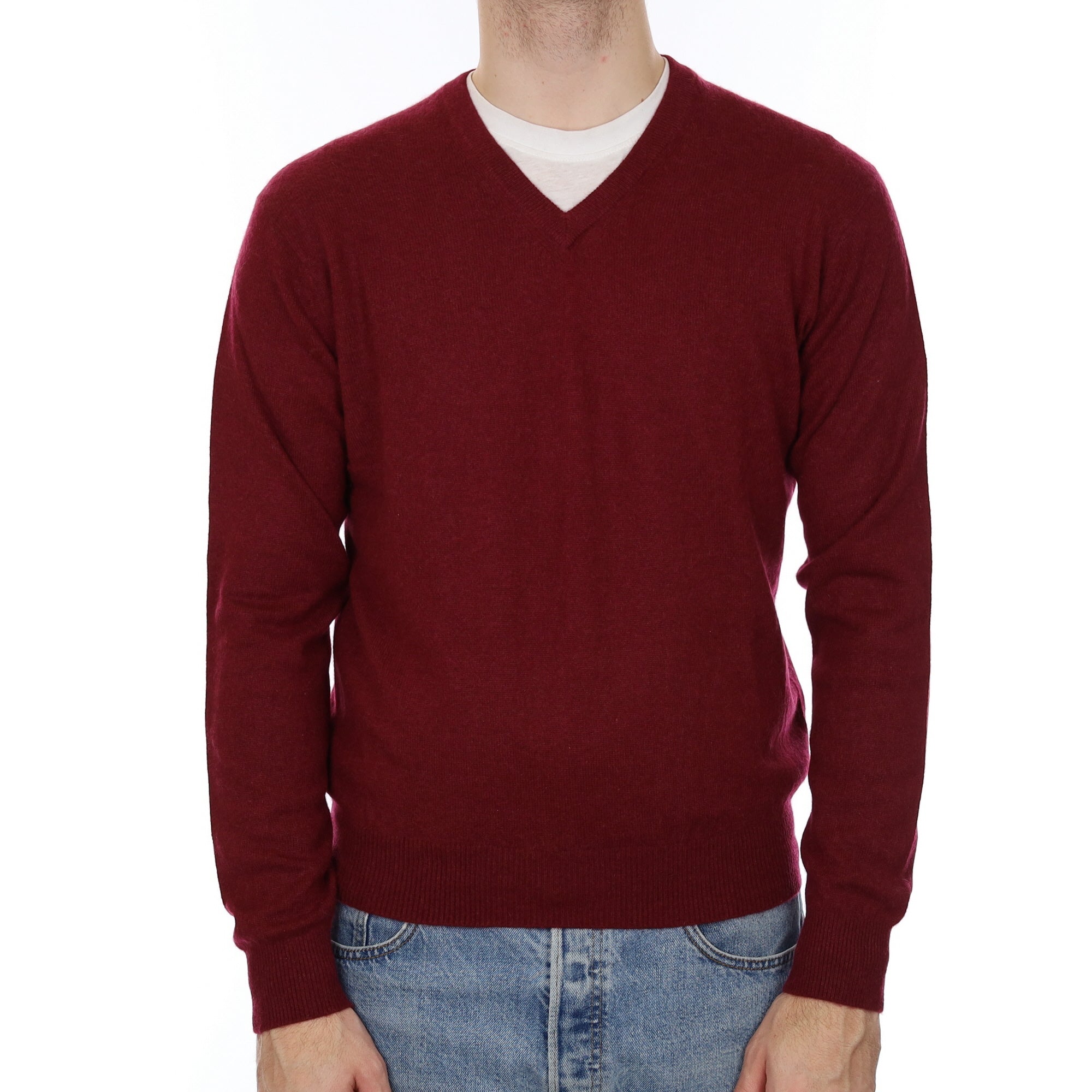 Men's Burgundy Cashmere V Neck Jumper Medium