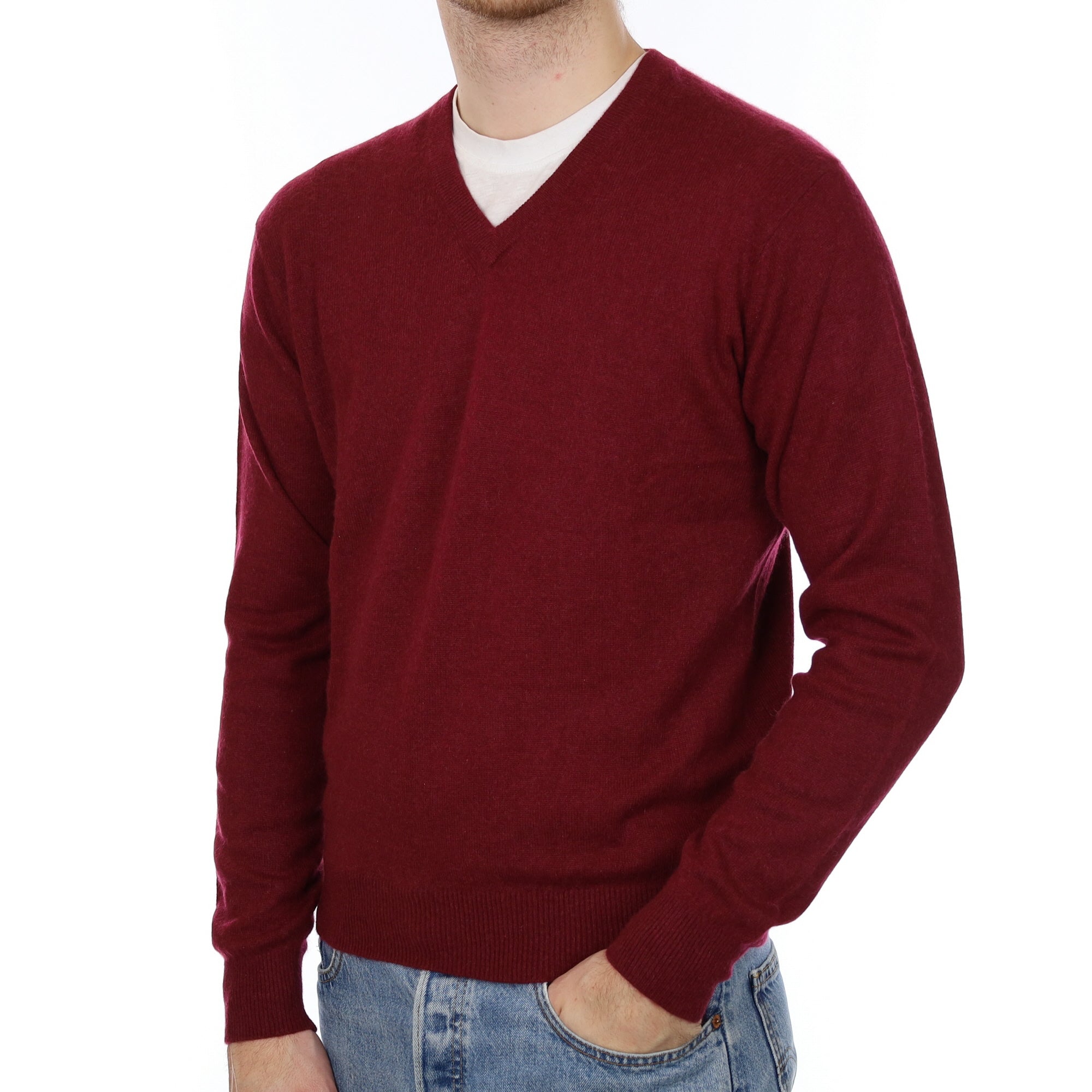 Men's Burgundy Cashmere V Neck Jumper Medium