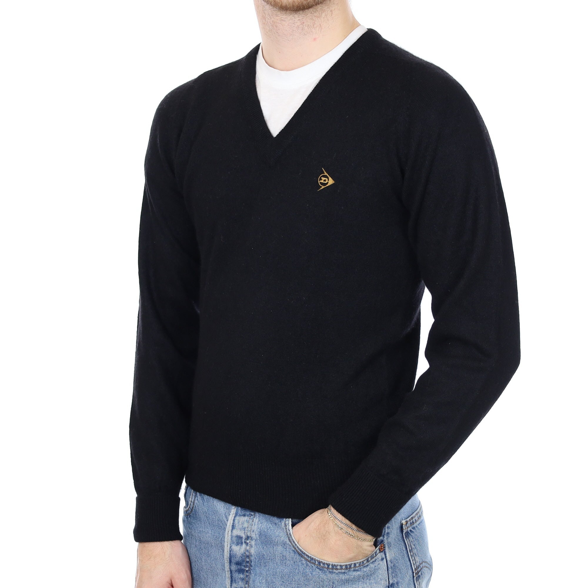 Men's Black Cashmere V Neck Jumper Medium