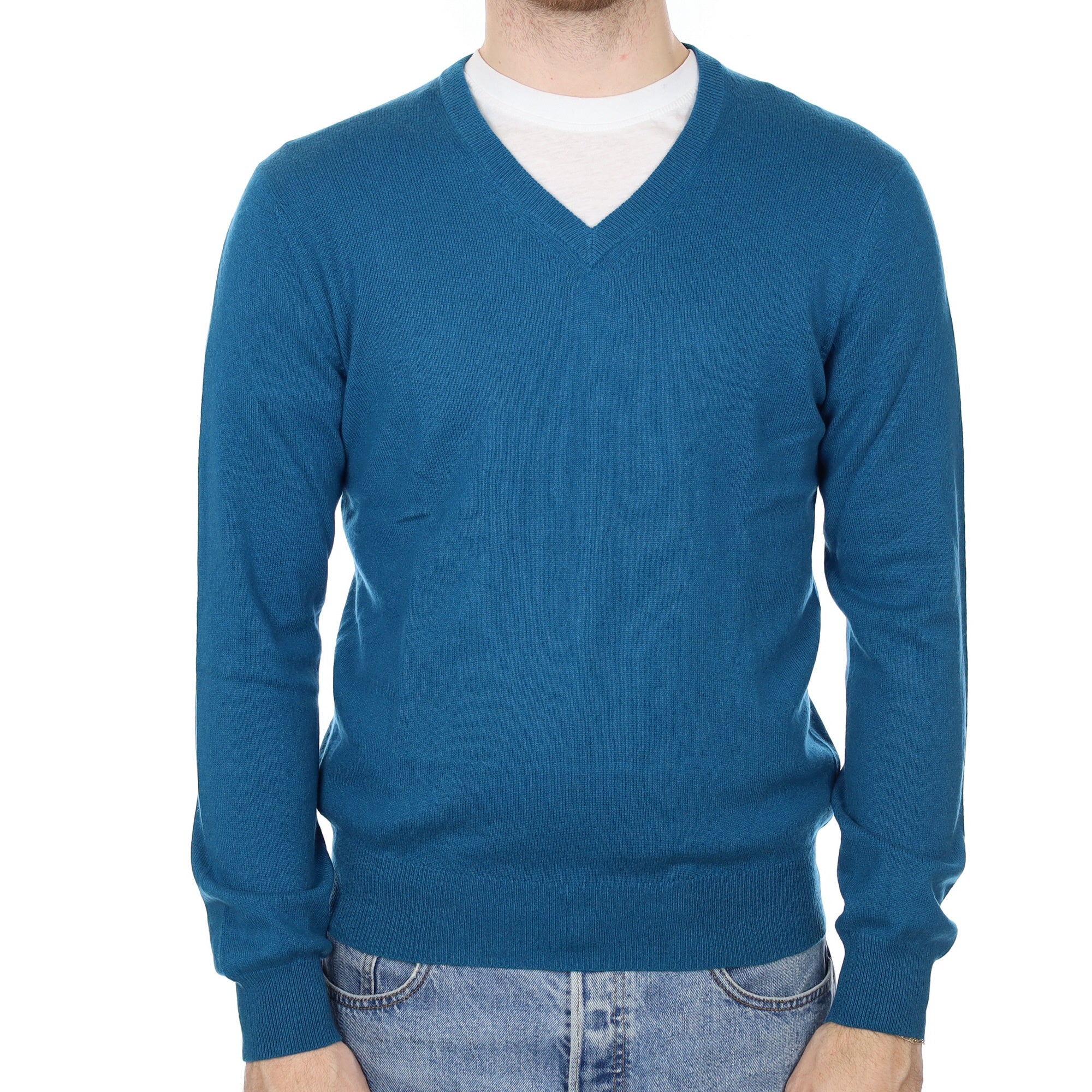 Men's Teal Blue Cashmere V Neck Jumper Medium