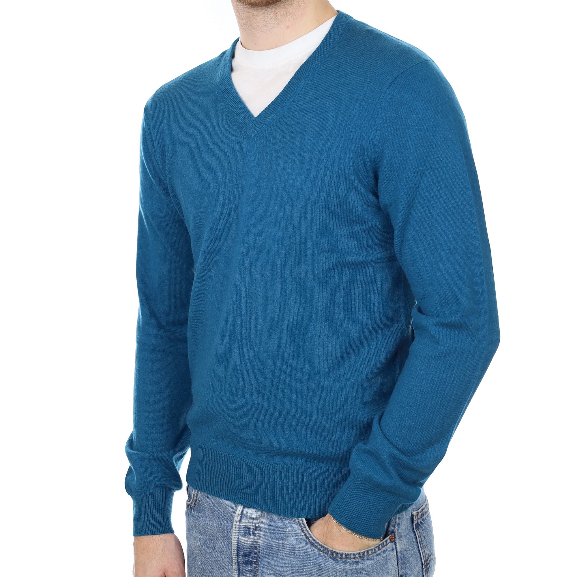 Men's Teal Blue Cashmere V Neck Jumper Medium