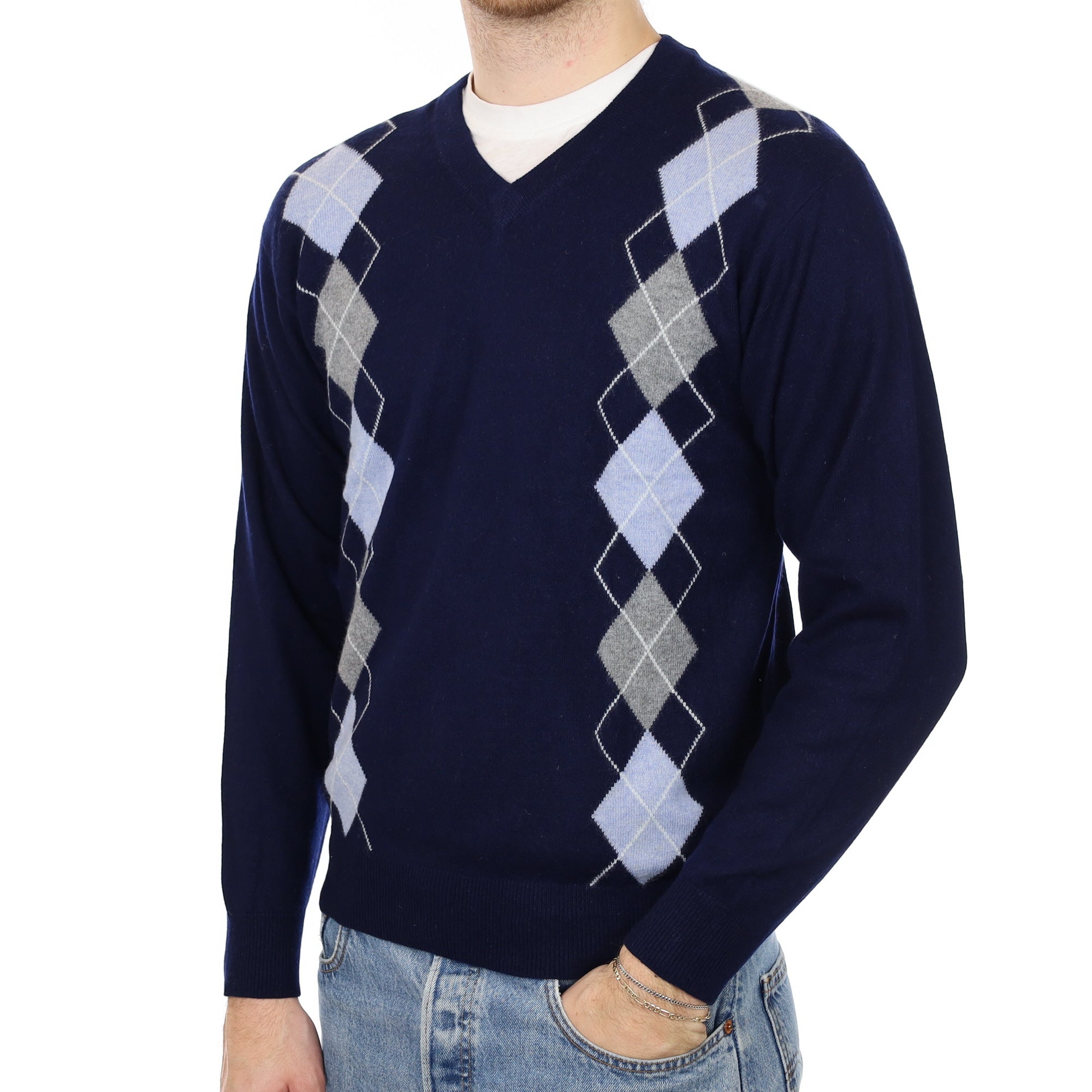 Men's Navy Blue Argyle Cashmere V Neck Jumper Medium