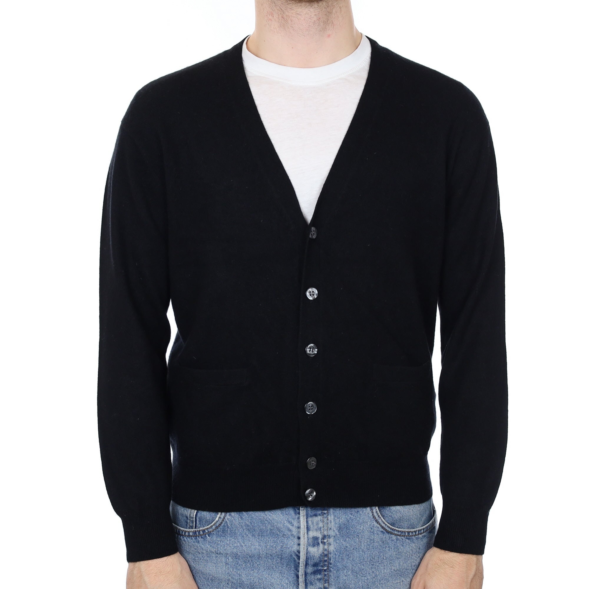 Men's Black Cashmere V Neck Cardigan Medium