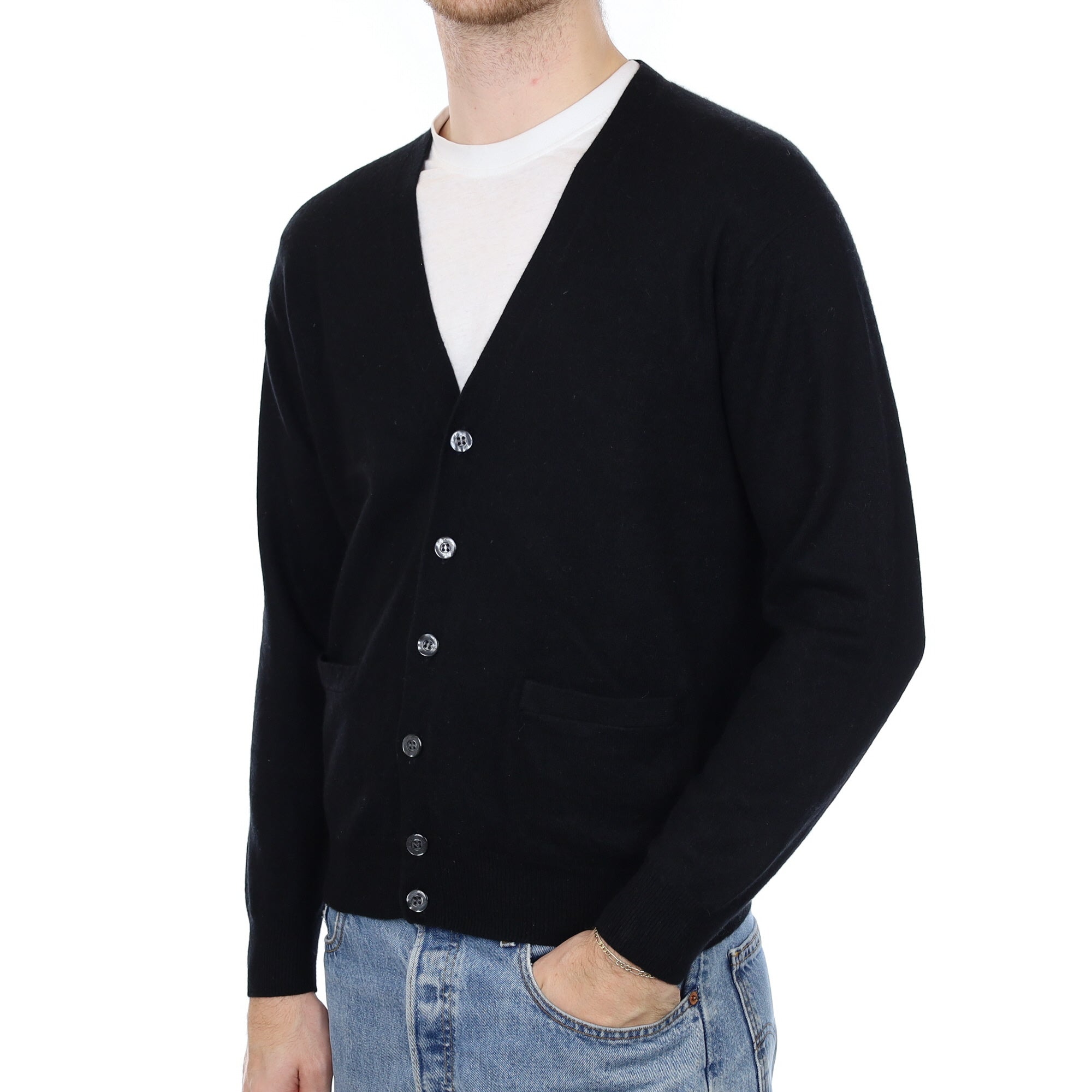 Men's Black Cashmere V Neck Cardigan Medium