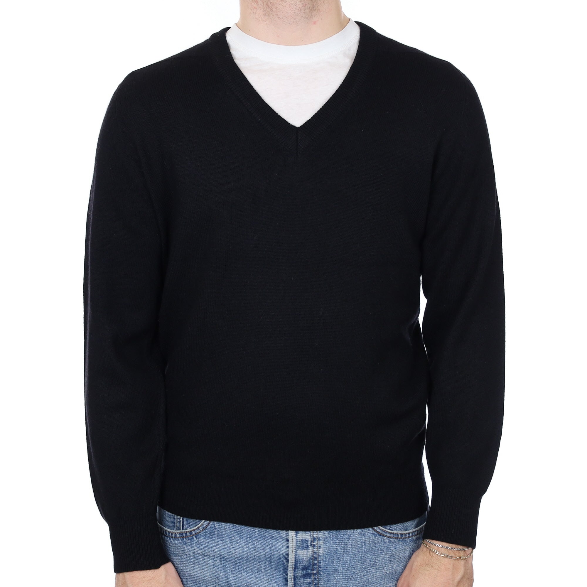 Men's Black Cashmere V Neck Jumper Medium