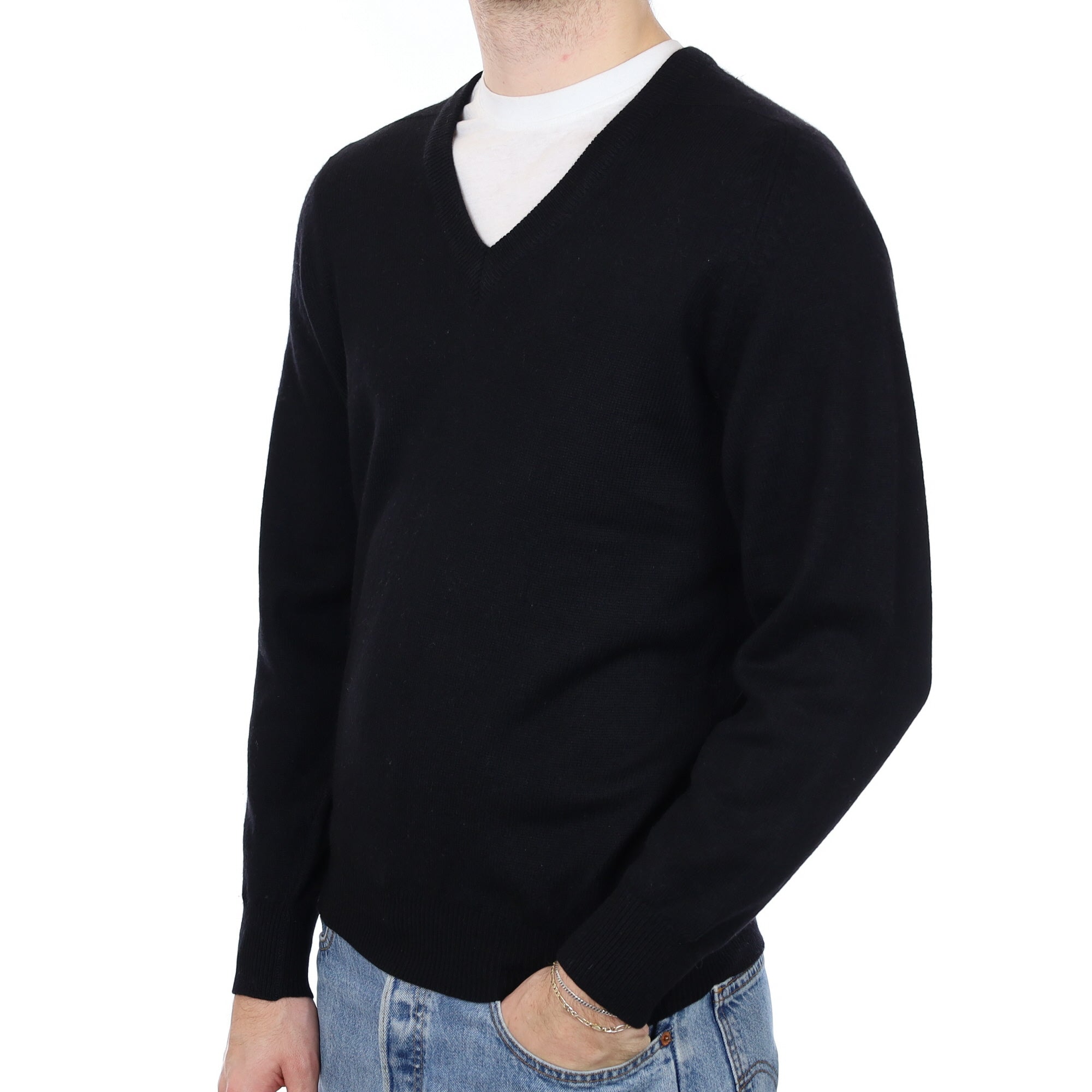 Men's Black Cashmere V Neck Jumper Medium