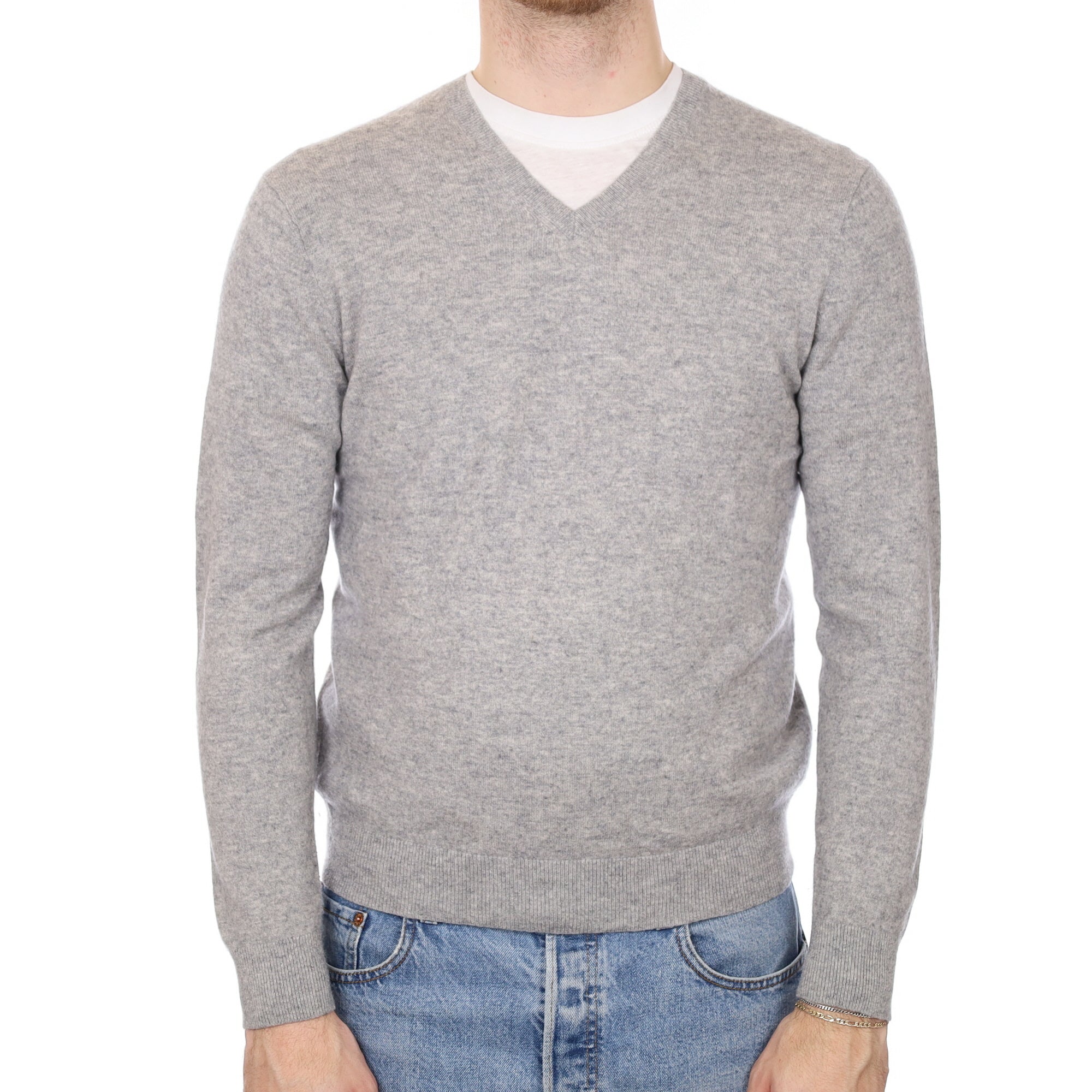 Men's Ash Grey Cashmere V Neck Jumper Medium