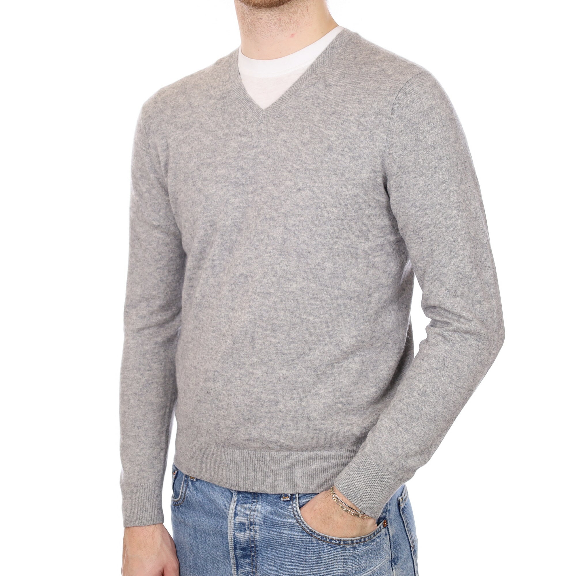 Men's Ash Grey Cashmere V Neck Jumper Medium