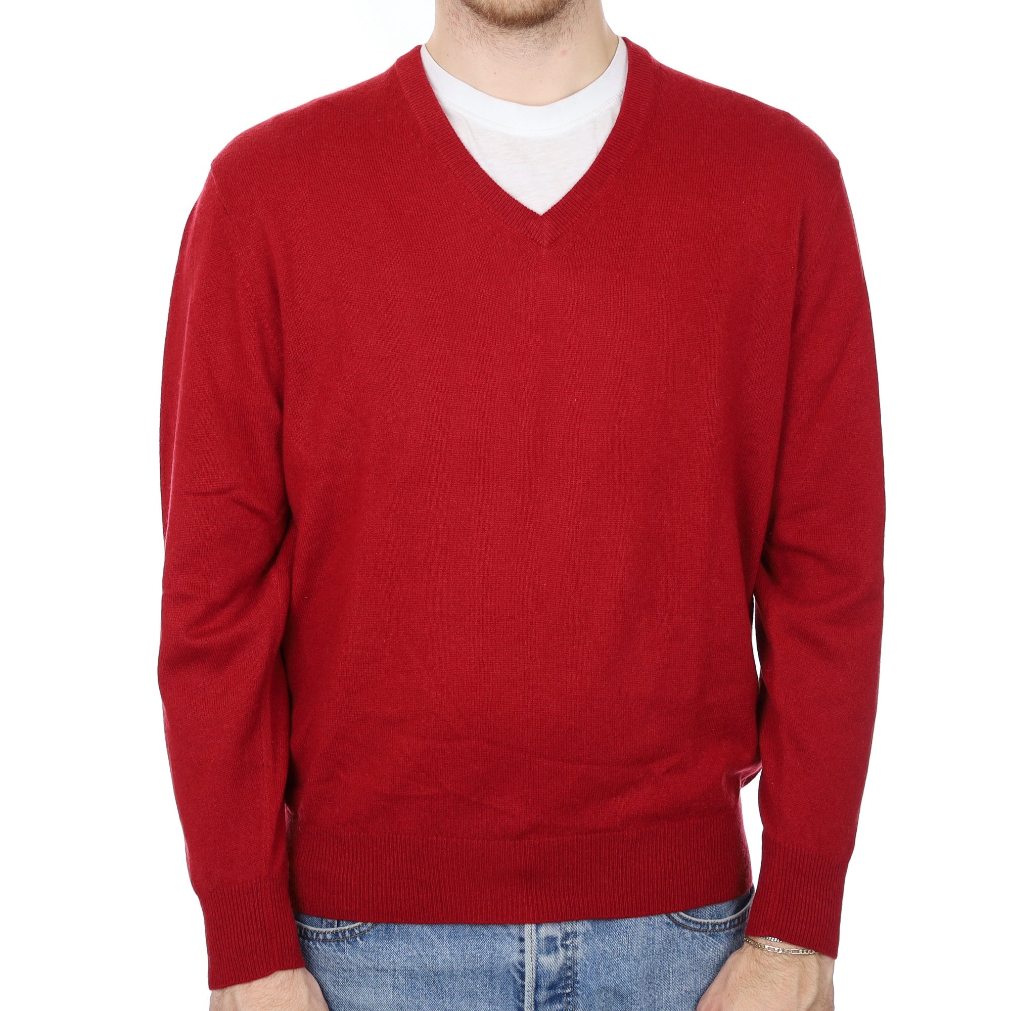 Men's Crimson Red Cashmere V Neck Jumper Medium