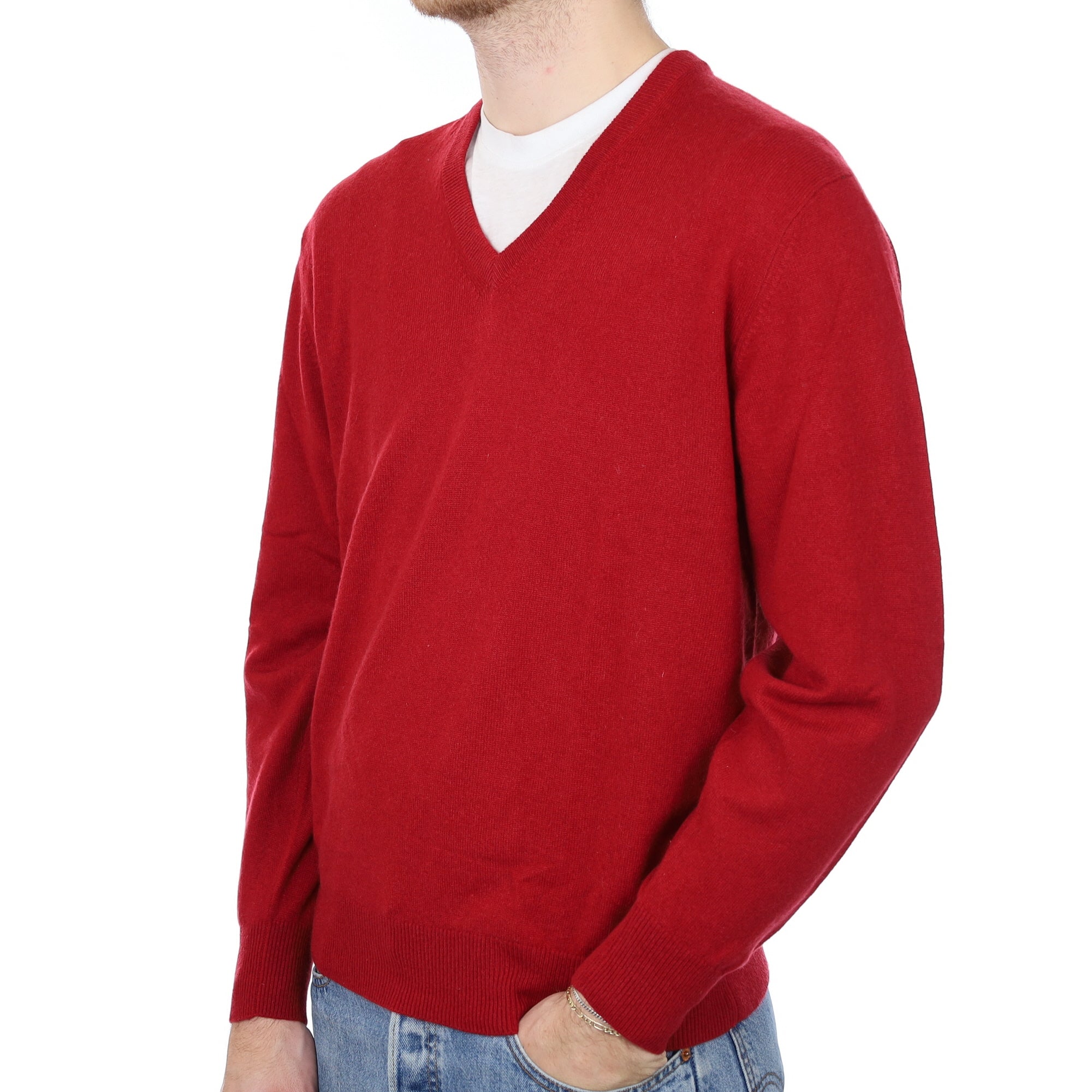 Men's Crimson Red Cashmere V Neck Jumper Medium