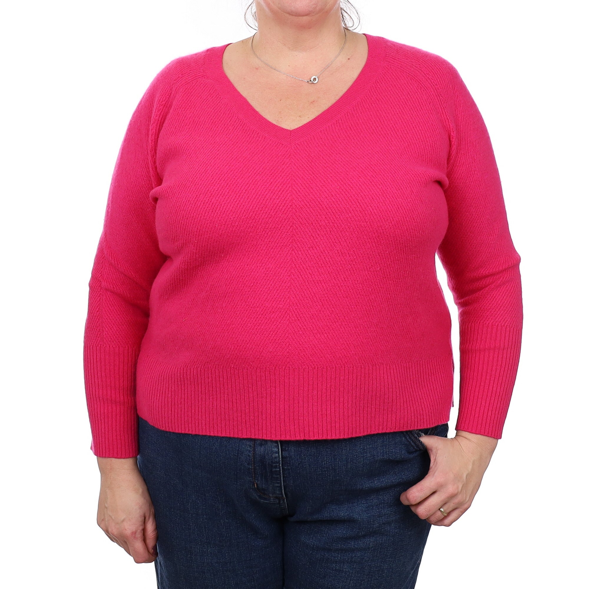 Fuchsia Pink Ribbed Cashmere V Neck Jumper Extra Large