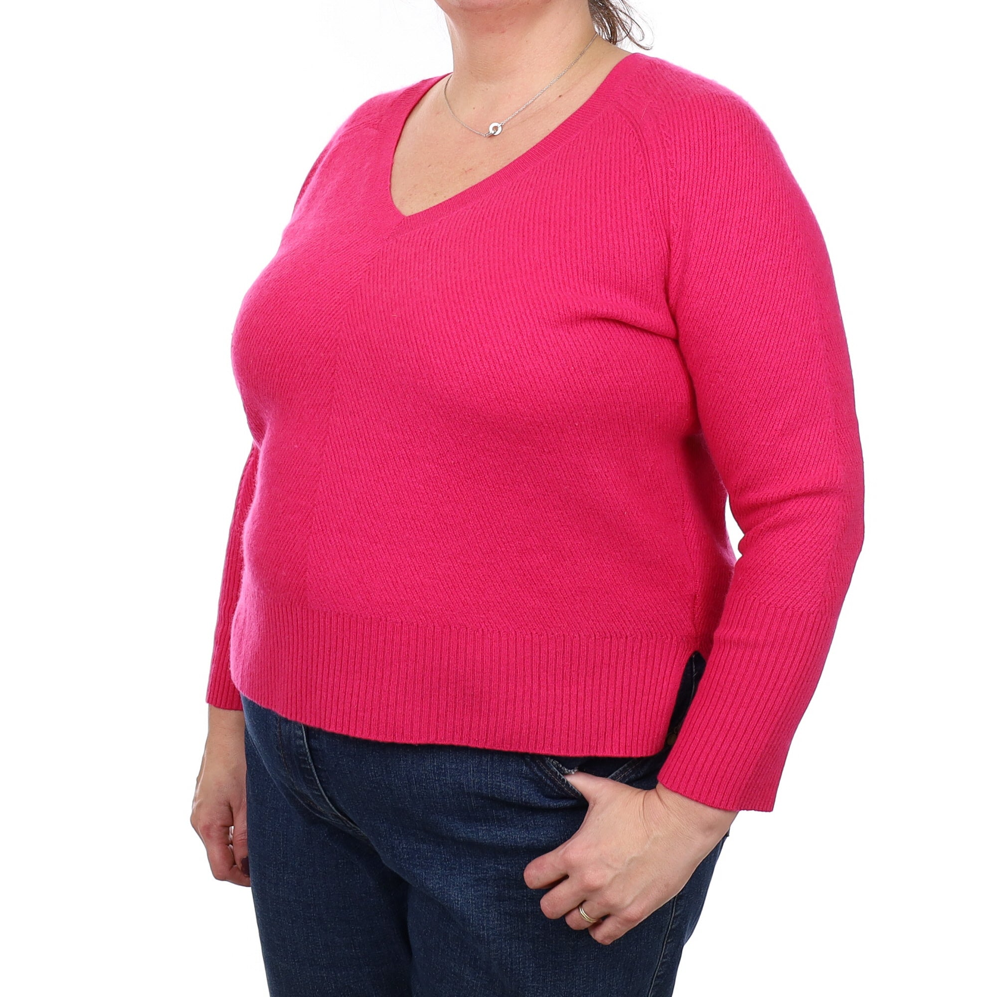 Fuchsia Pink Ribbed Cashmere V Neck Jumper Extra Large