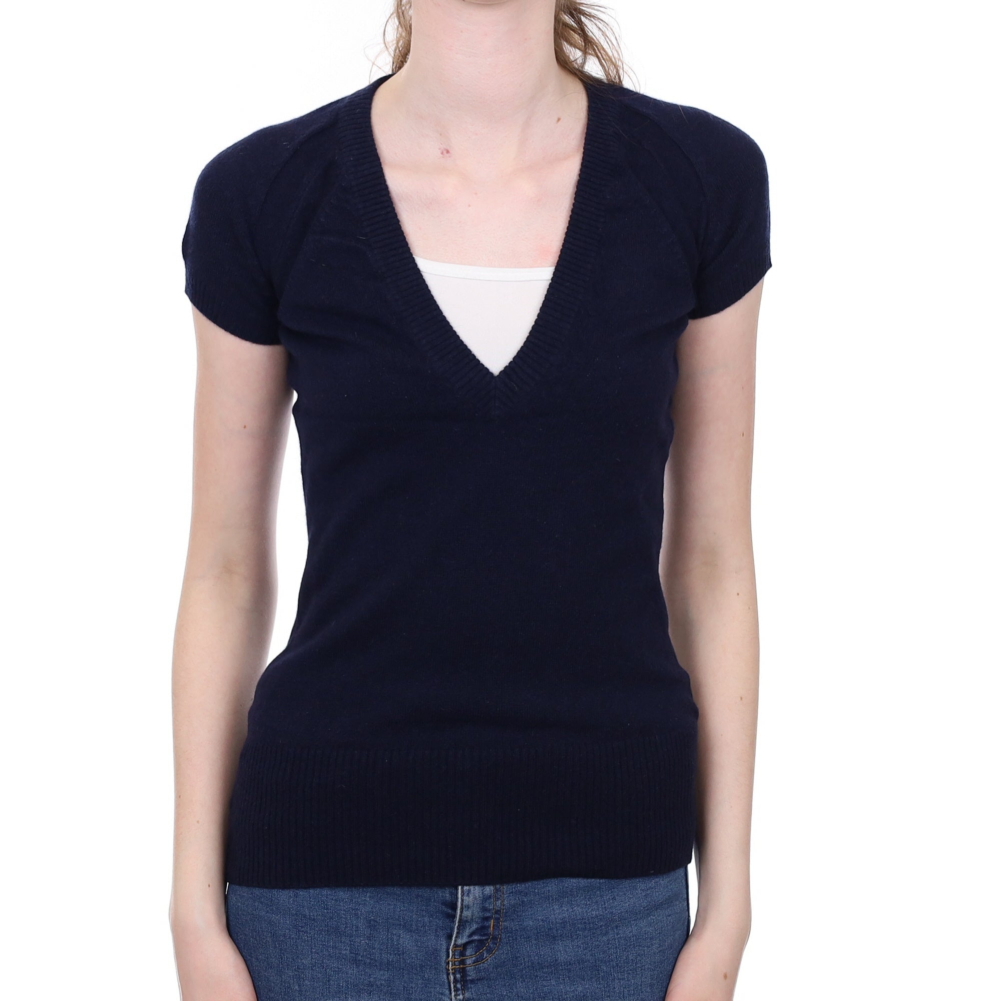 Navy Blue Cashmere Short Sleeved Polo Neck Jumper Extra Small