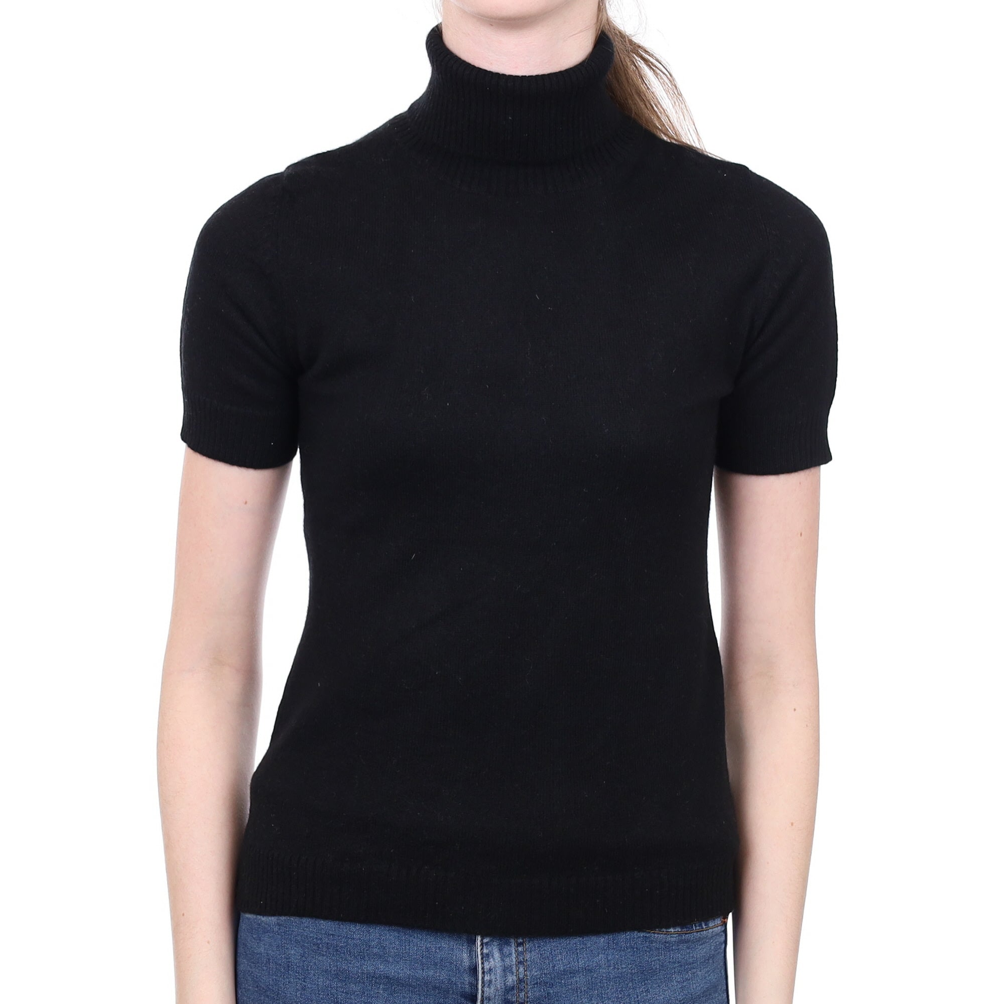 Black Cashmere Short Sleeved Polo Neck Jumper Extra Small