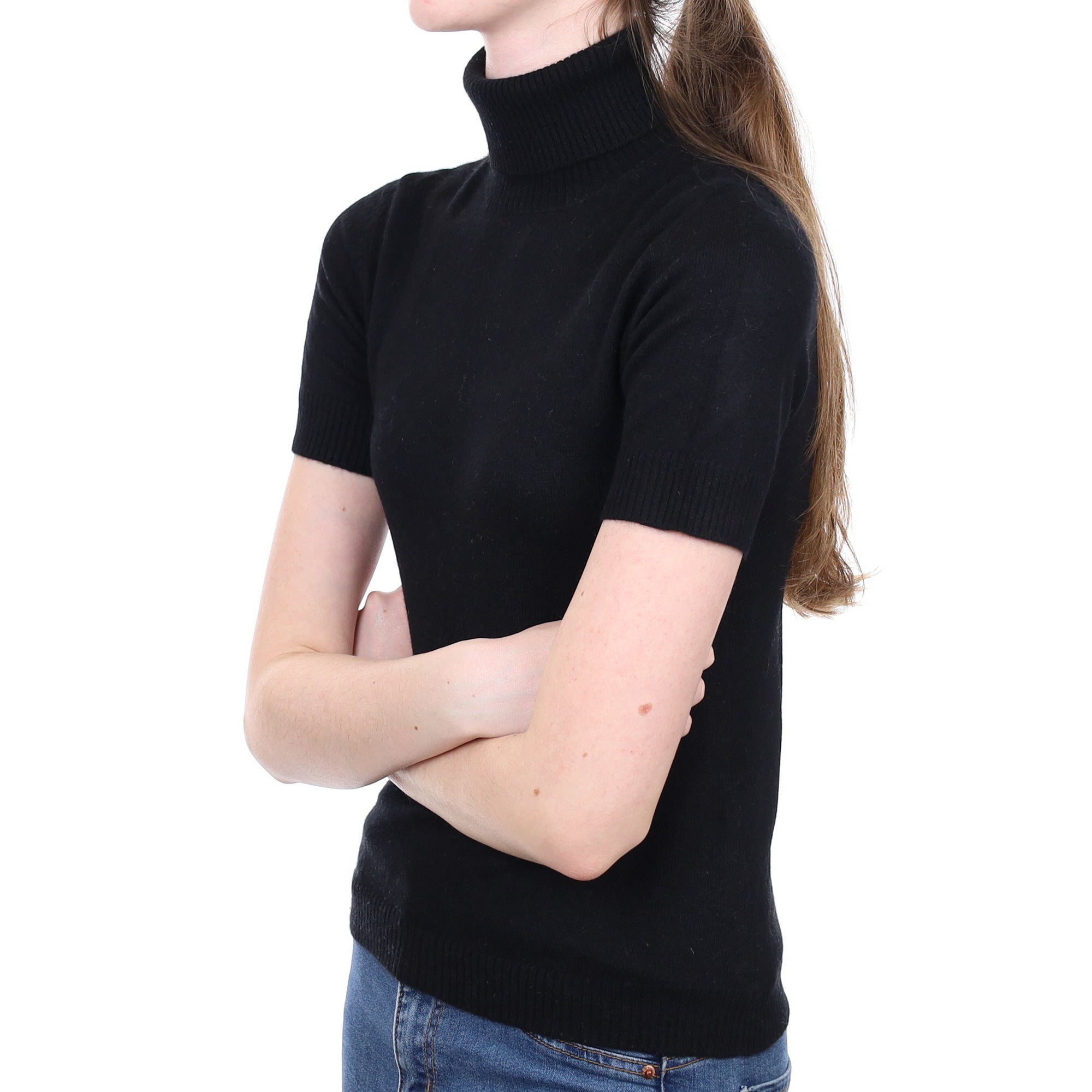 Black Cashmere Short Sleeved Polo Neck Jumper Extra Small