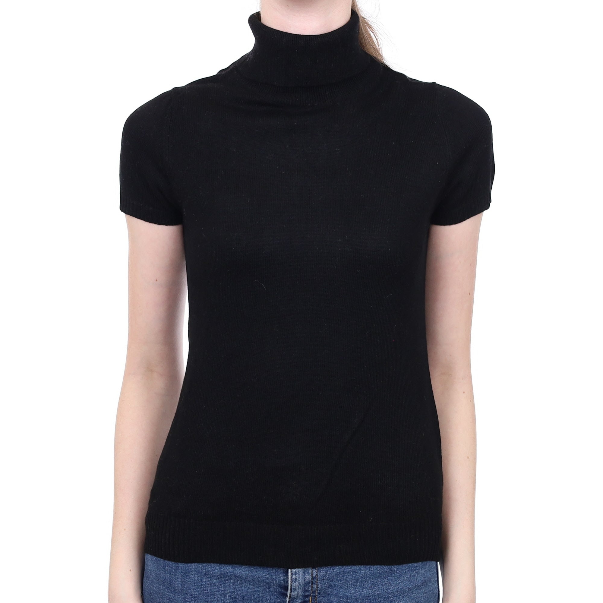 Black Cashmere Short Sleeved Polo Neck Jumper Extra Small