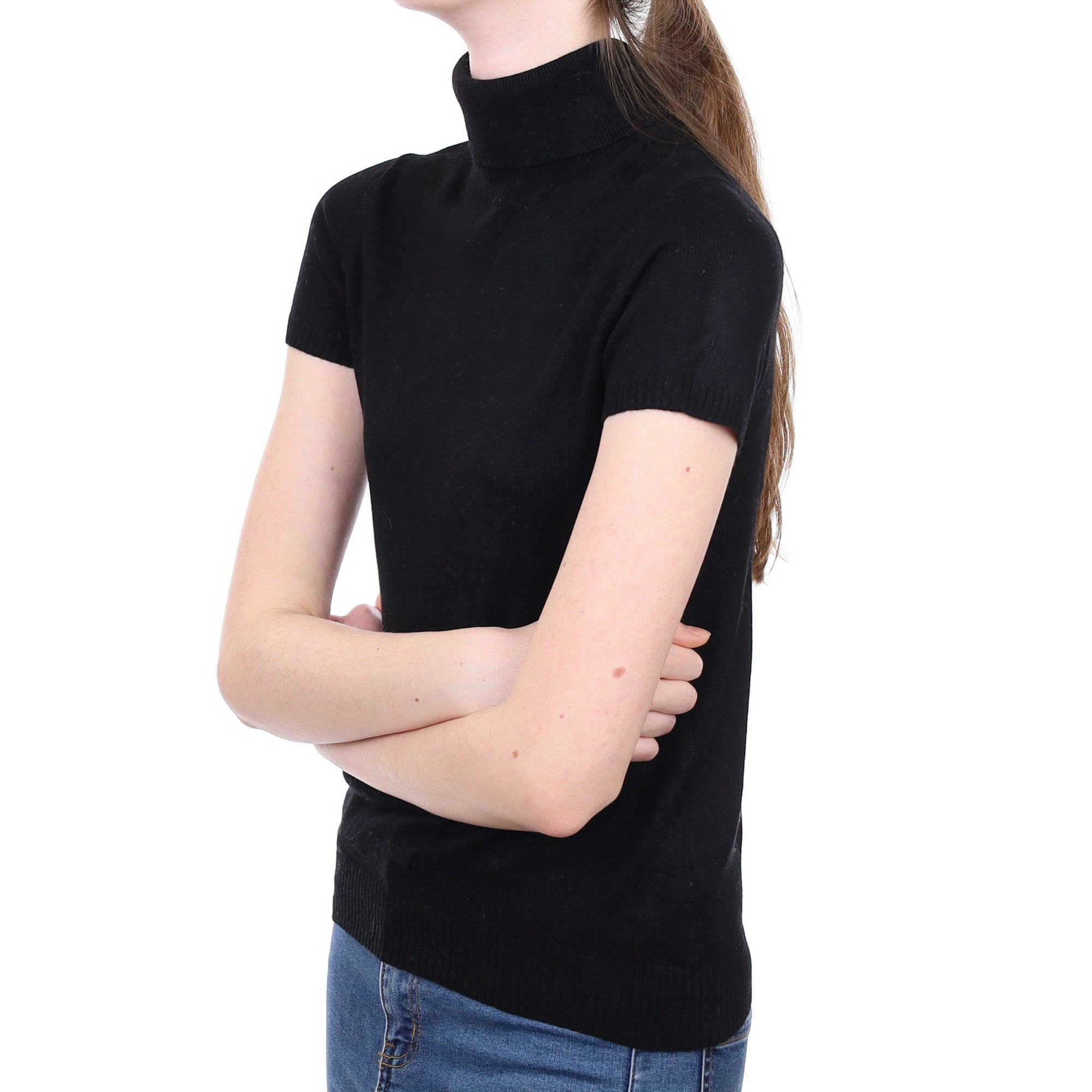 Black Cashmere Short Sleeved Polo Neck Jumper Extra Small