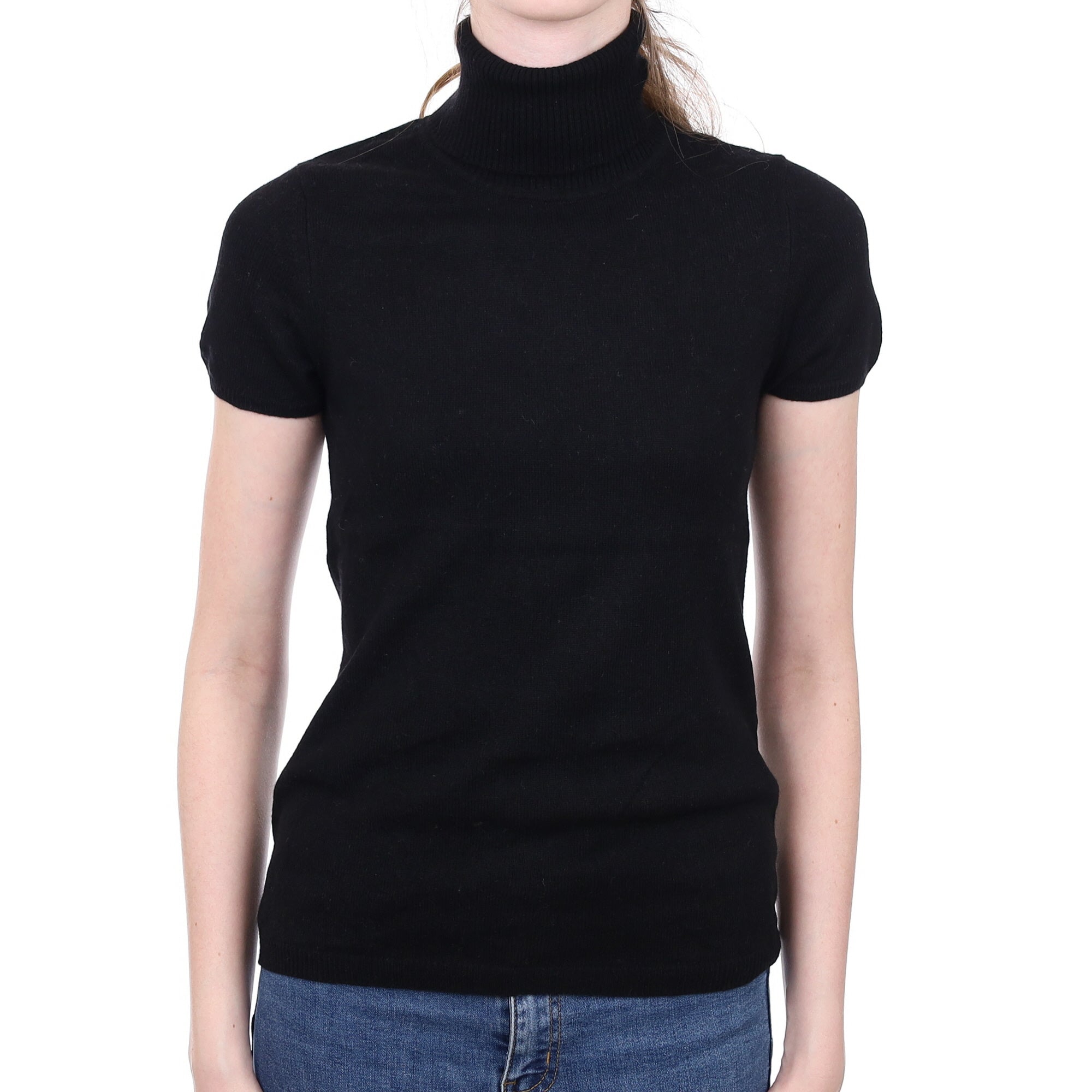 Black Cashmere Short Sleeved Polo Neck Jumper Extra Small