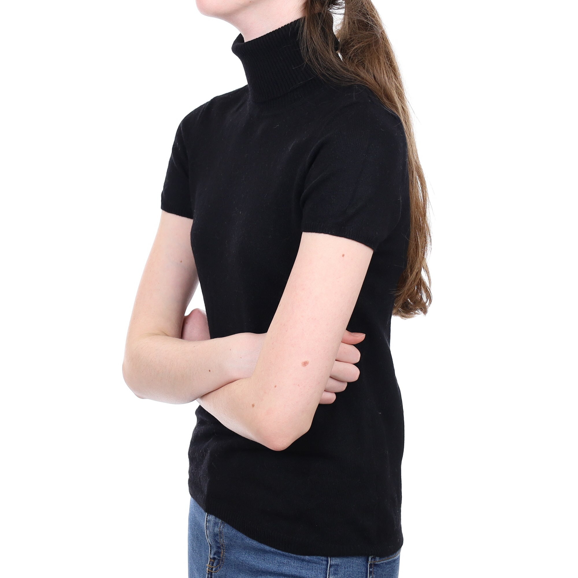 Black Cashmere Short Sleeved Polo Neck Jumper Extra Small