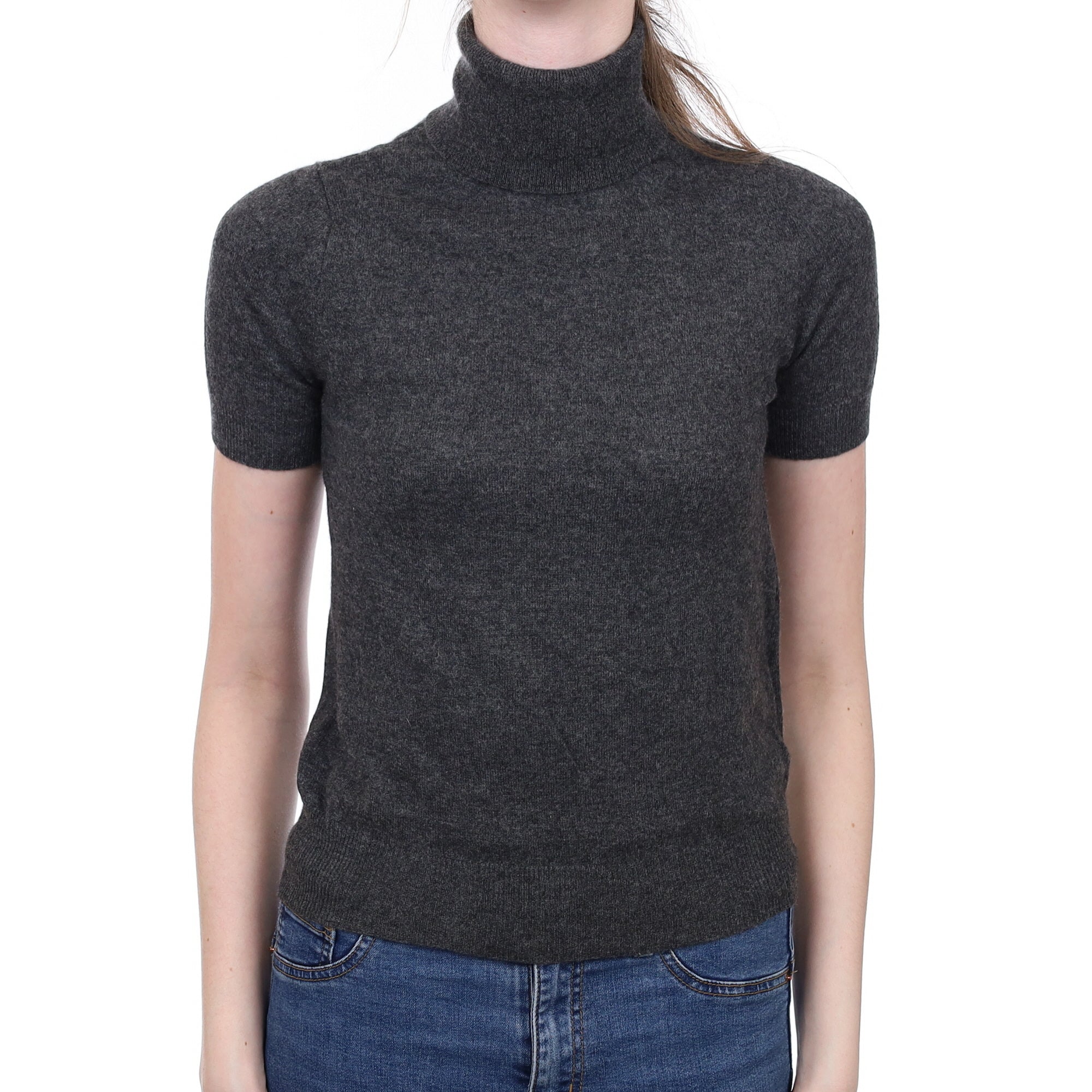 Charcoal Grey Cashmere Short Sleeved Polo Neck Jumper Extra Small