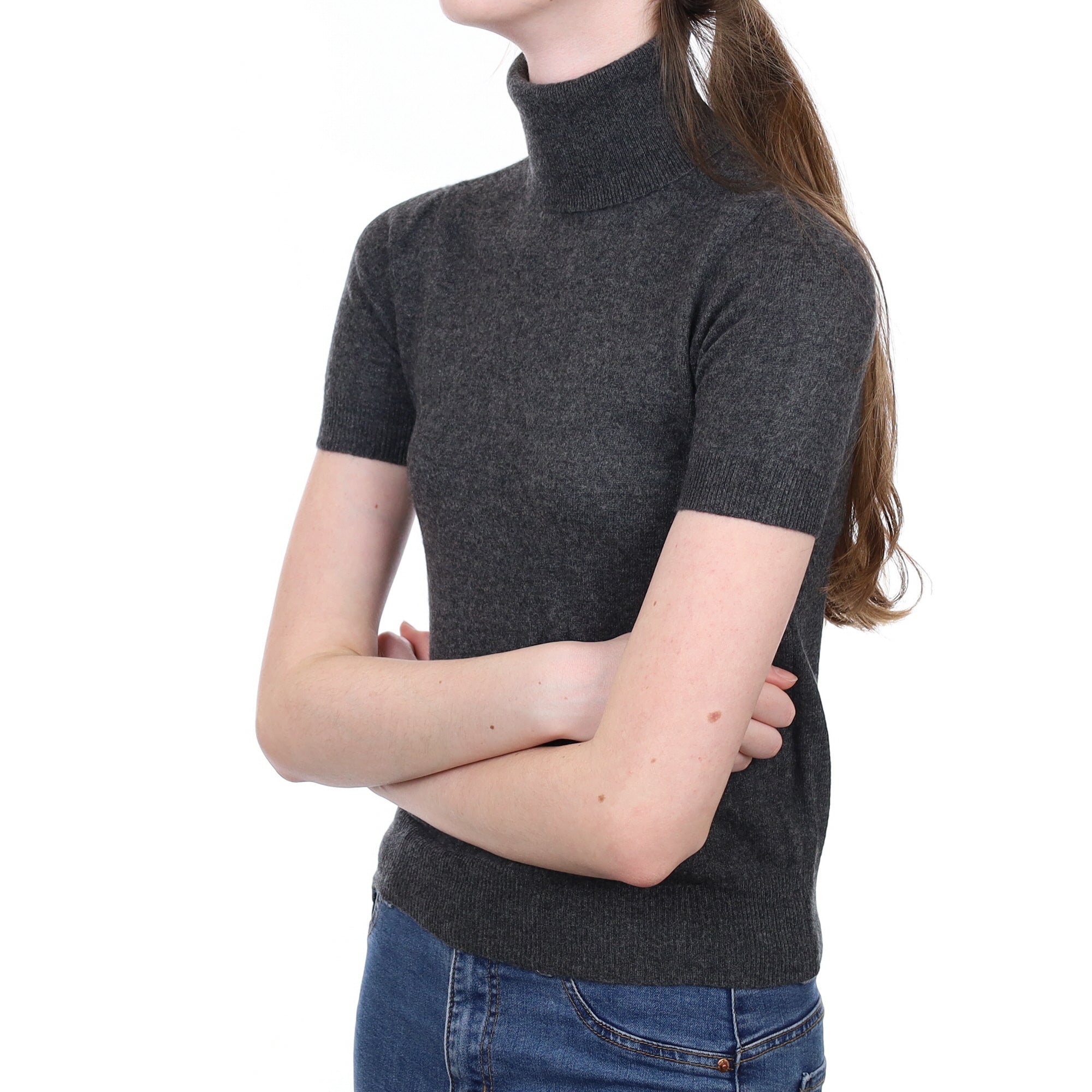 Charcoal Grey Cashmere Short Sleeved Polo Neck Jumper Extra Small