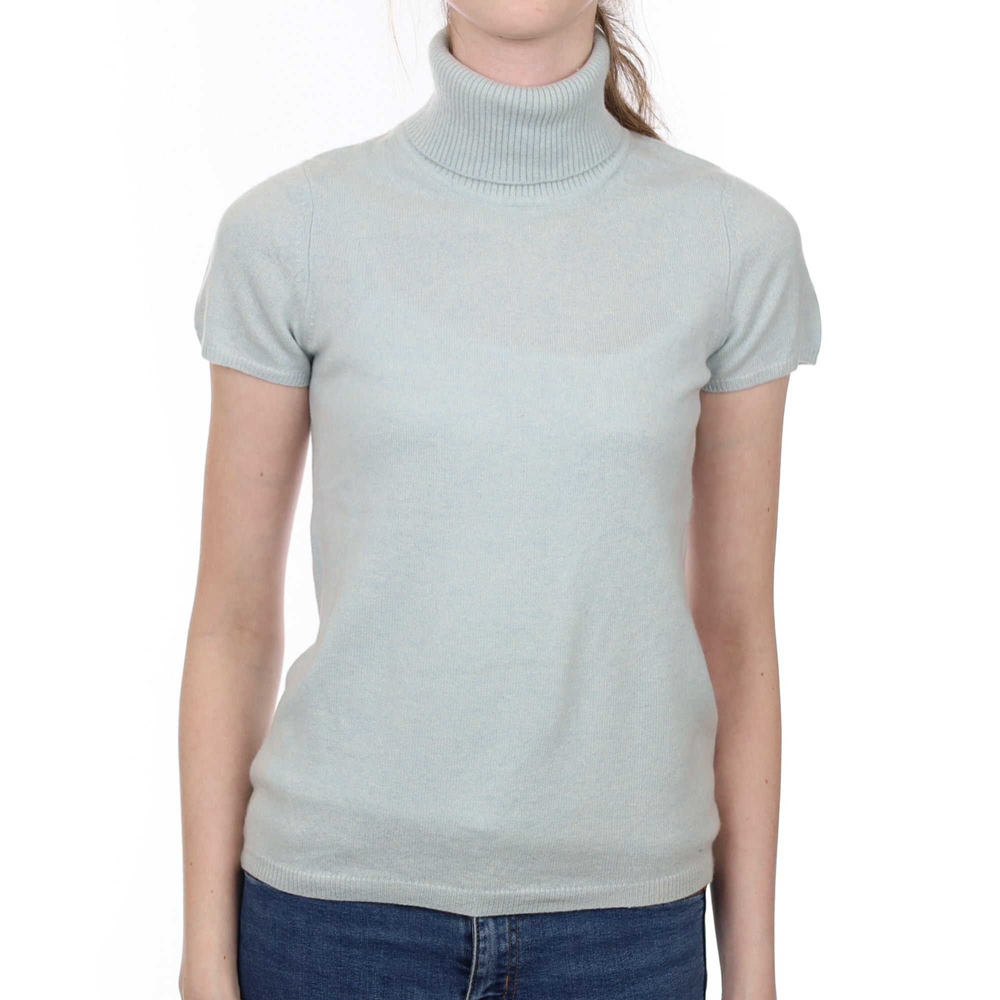 Sky Blue Cashmere Short Sleeved  Polo Neck Jumper Extra Small