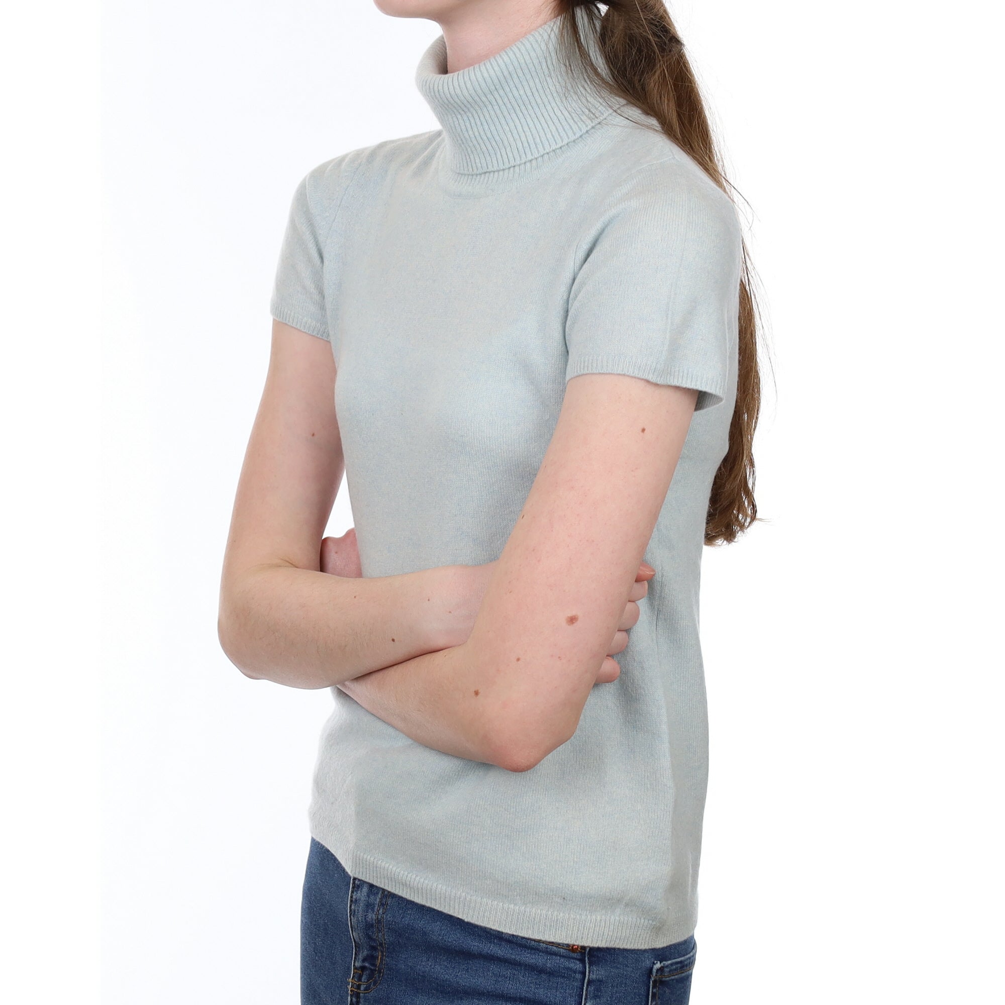 Sky Blue Cashmere Short Sleeved  Polo Neck Jumper Extra Small