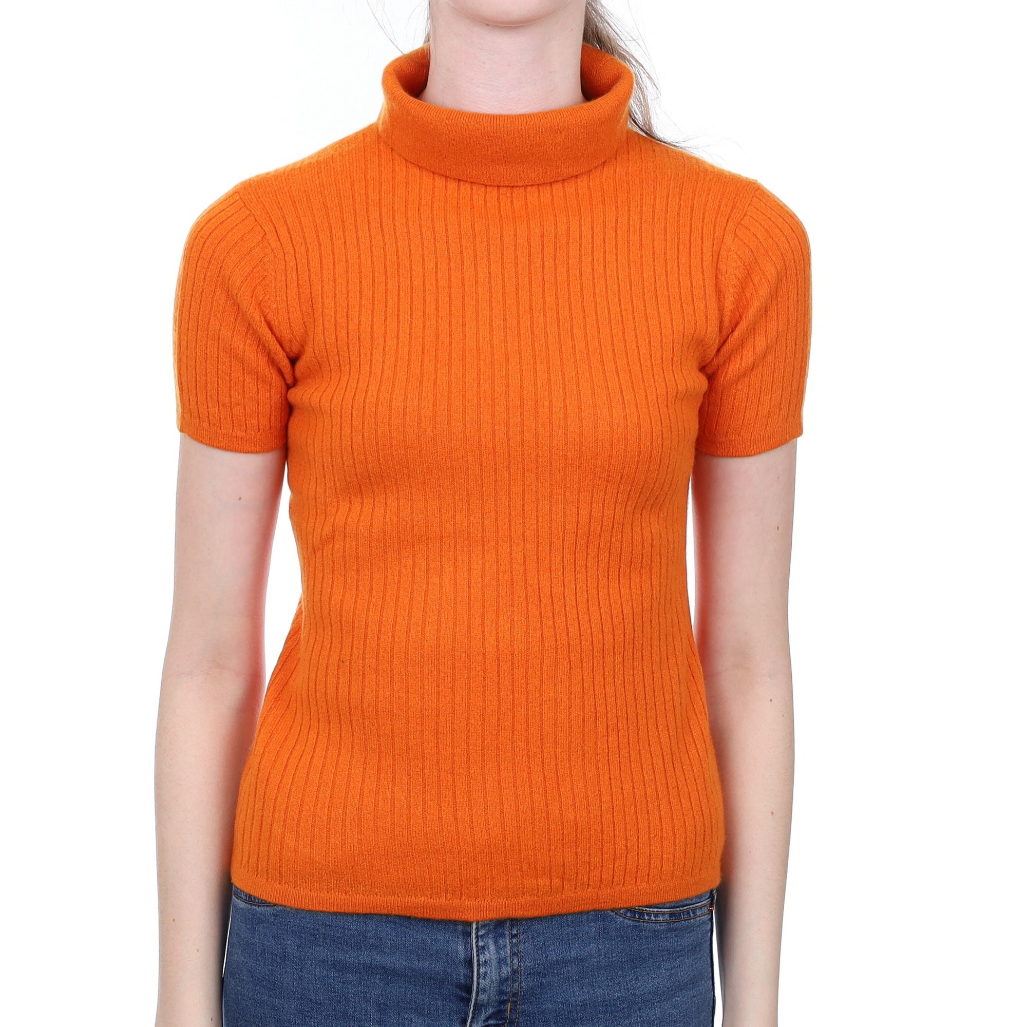 Orange Ribbed Cashmere Polo Neck Jumper Extra Small