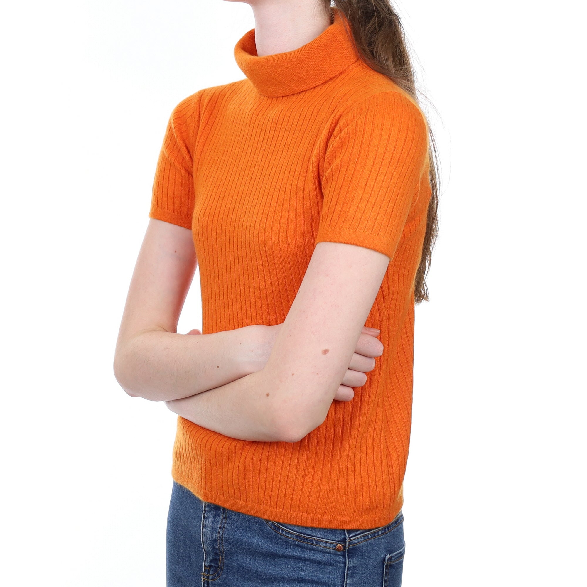 Orange Ribbed Cashmere Polo Neck Jumper Extra Small