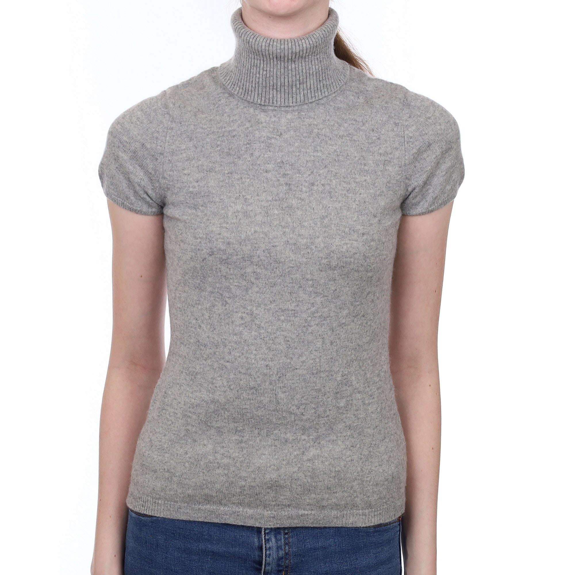 Smoke Grey Cashmere Short Sleeved Polo Neck Jumper Extra Small