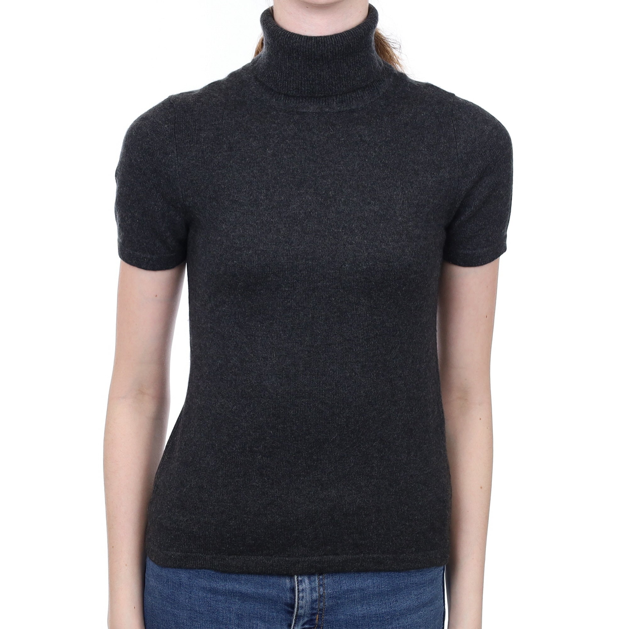 Charcoal Grey Cashmere Polo Neck Short Sleeved Jumper Extra Small