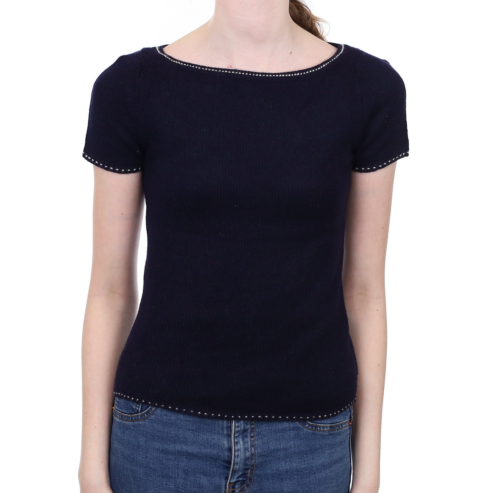 Navy Blue Cashmere Crew Neck Short Sleeved Jumper Extra Small