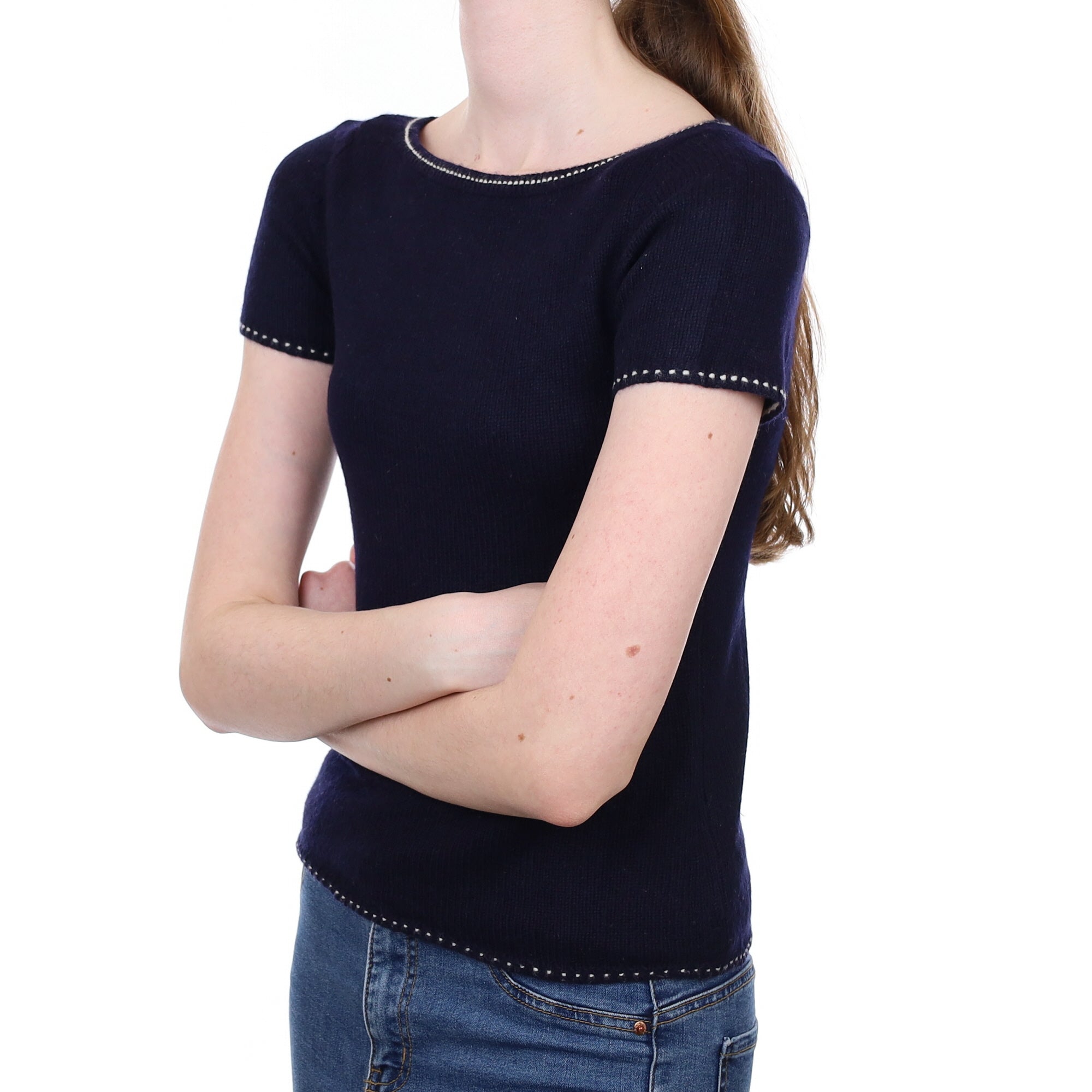 Navy Blue Cashmere Crew Neck Short Sleeved Jumper Extra Small