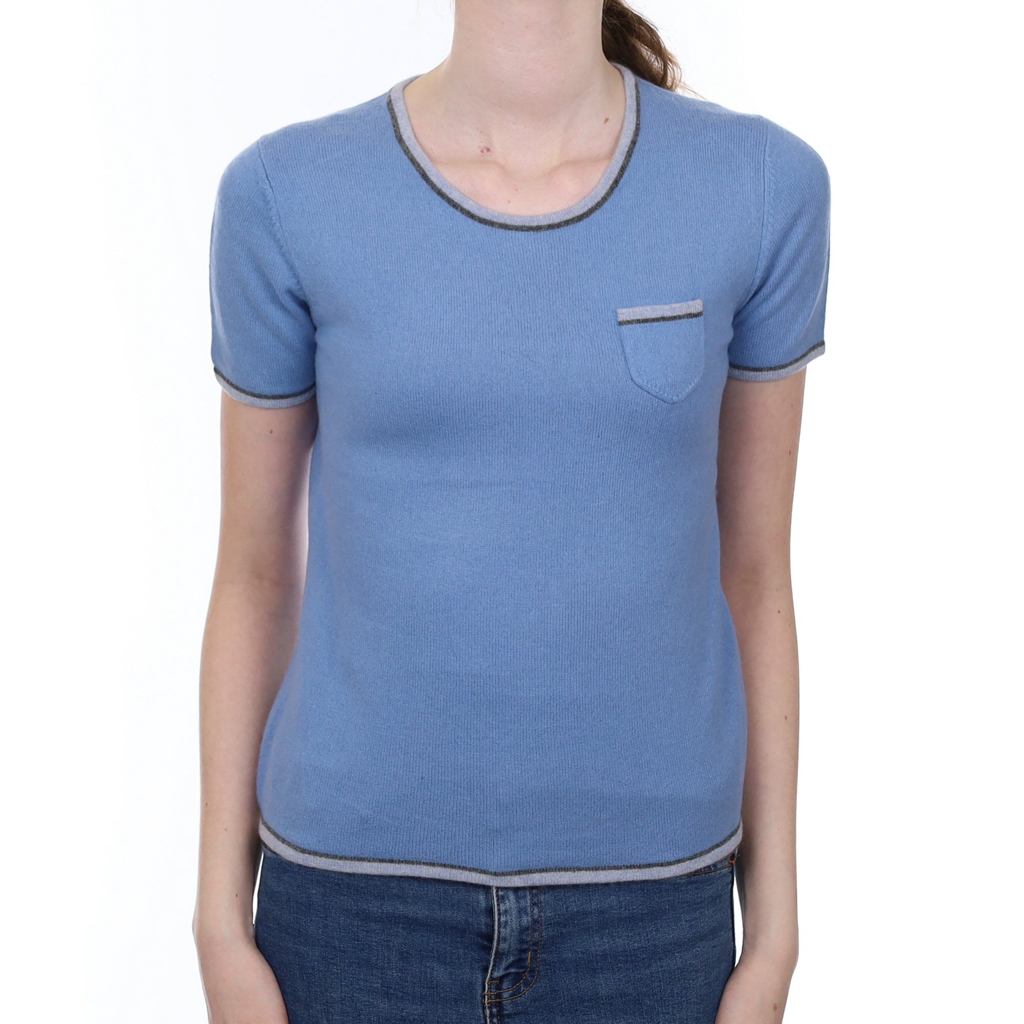 Sky Blue Cashmere Crew Neck Short Sleeved Jumper With Striped Edge's Extra Small