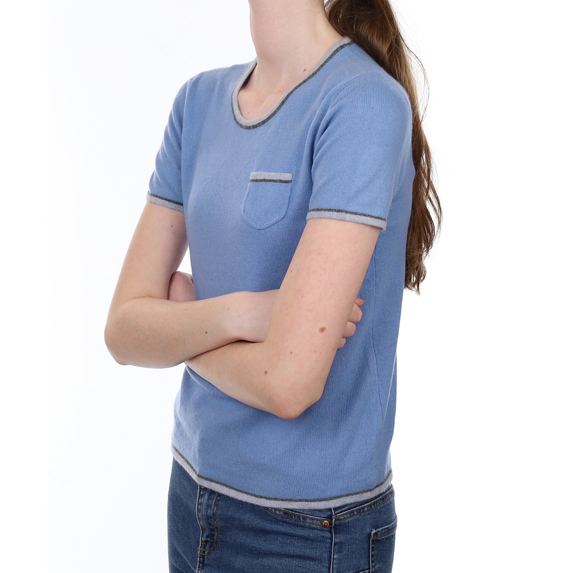 Sky Blue Cashmere Crew Neck Short Sleeved Jumper With Striped Edge's Extra Small