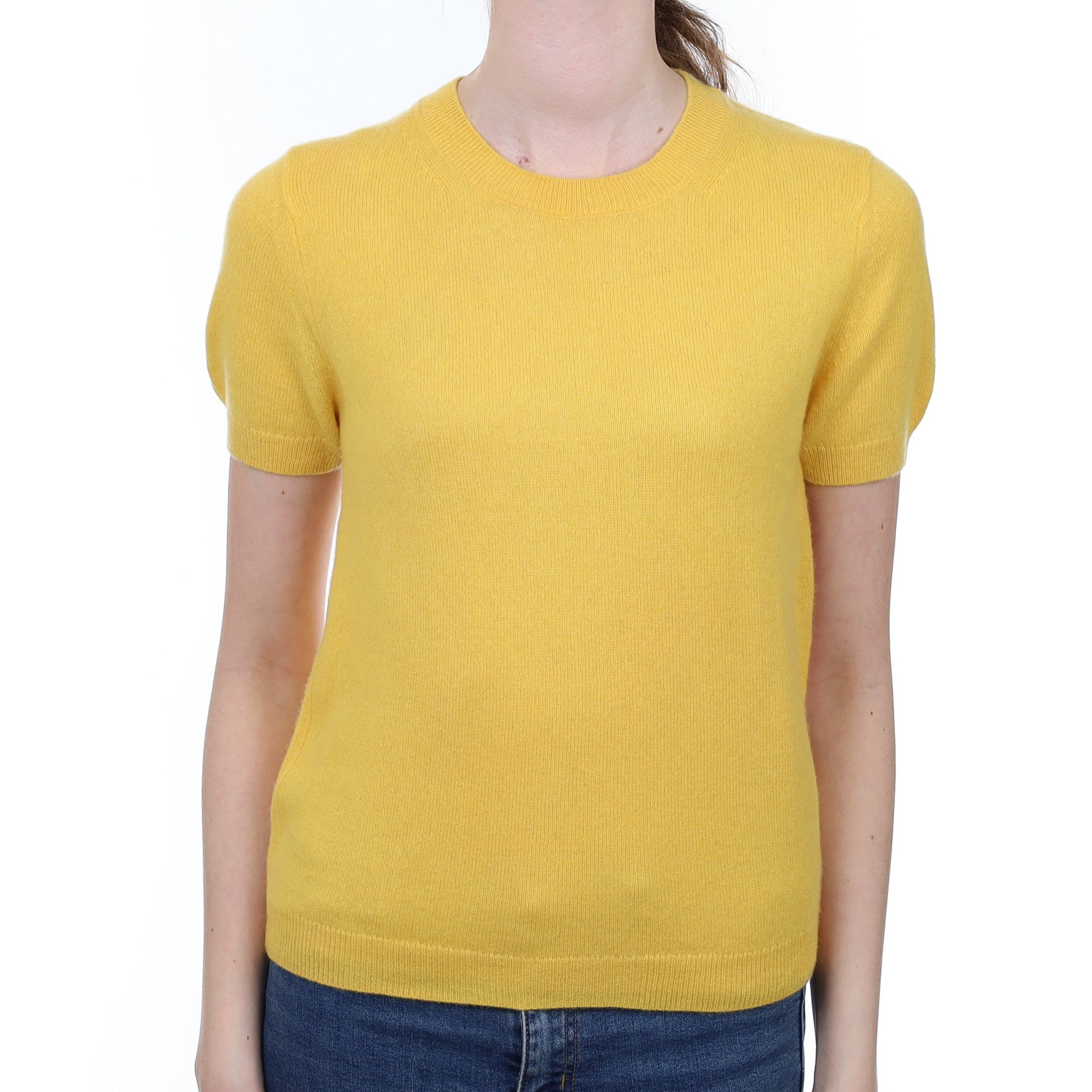 Golden Yellow Cashmere Crew Neck Short Sleeved Jumper Extra Small