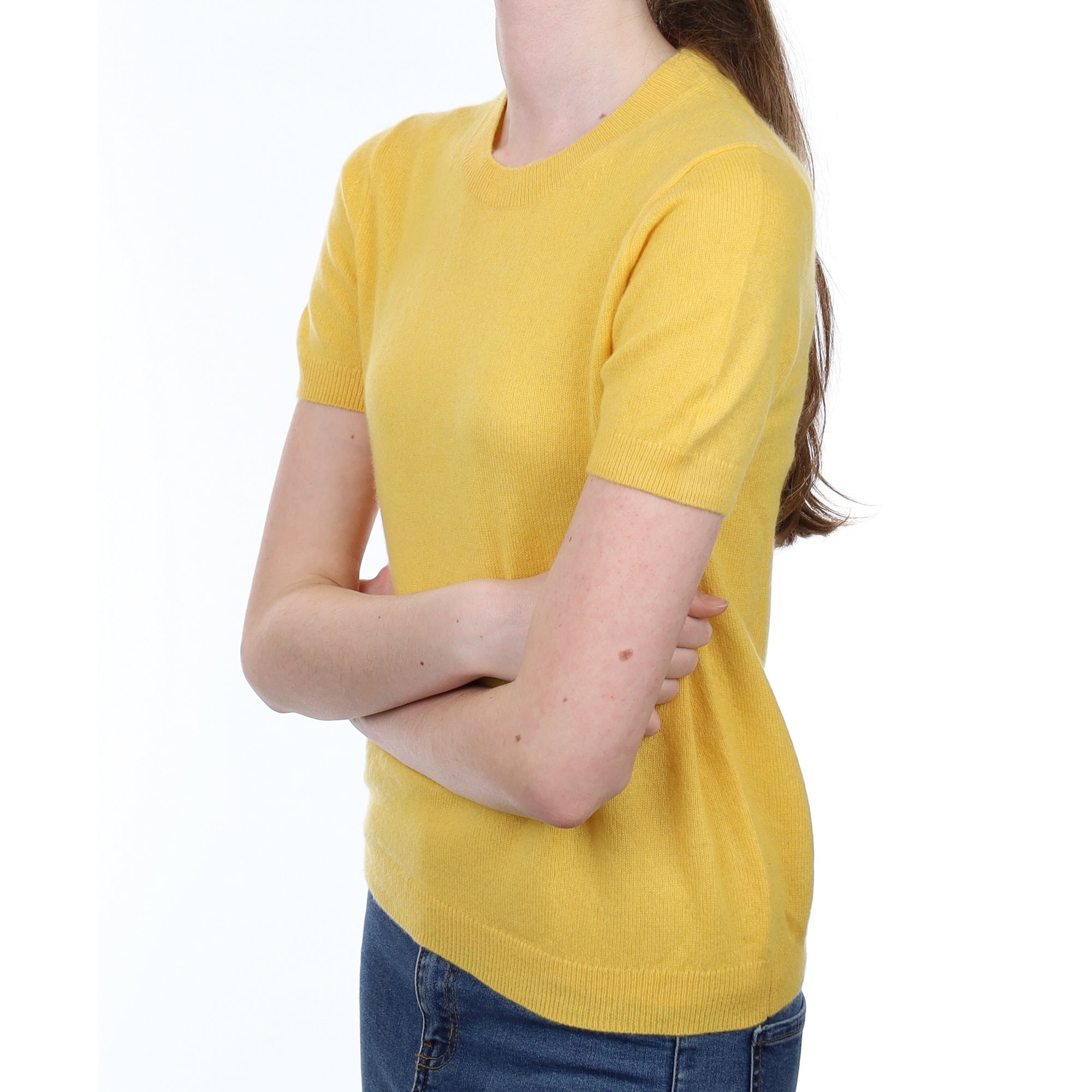 Golden Yellow Cashmere Crew Neck Short Sleeved Jumper Extra Small