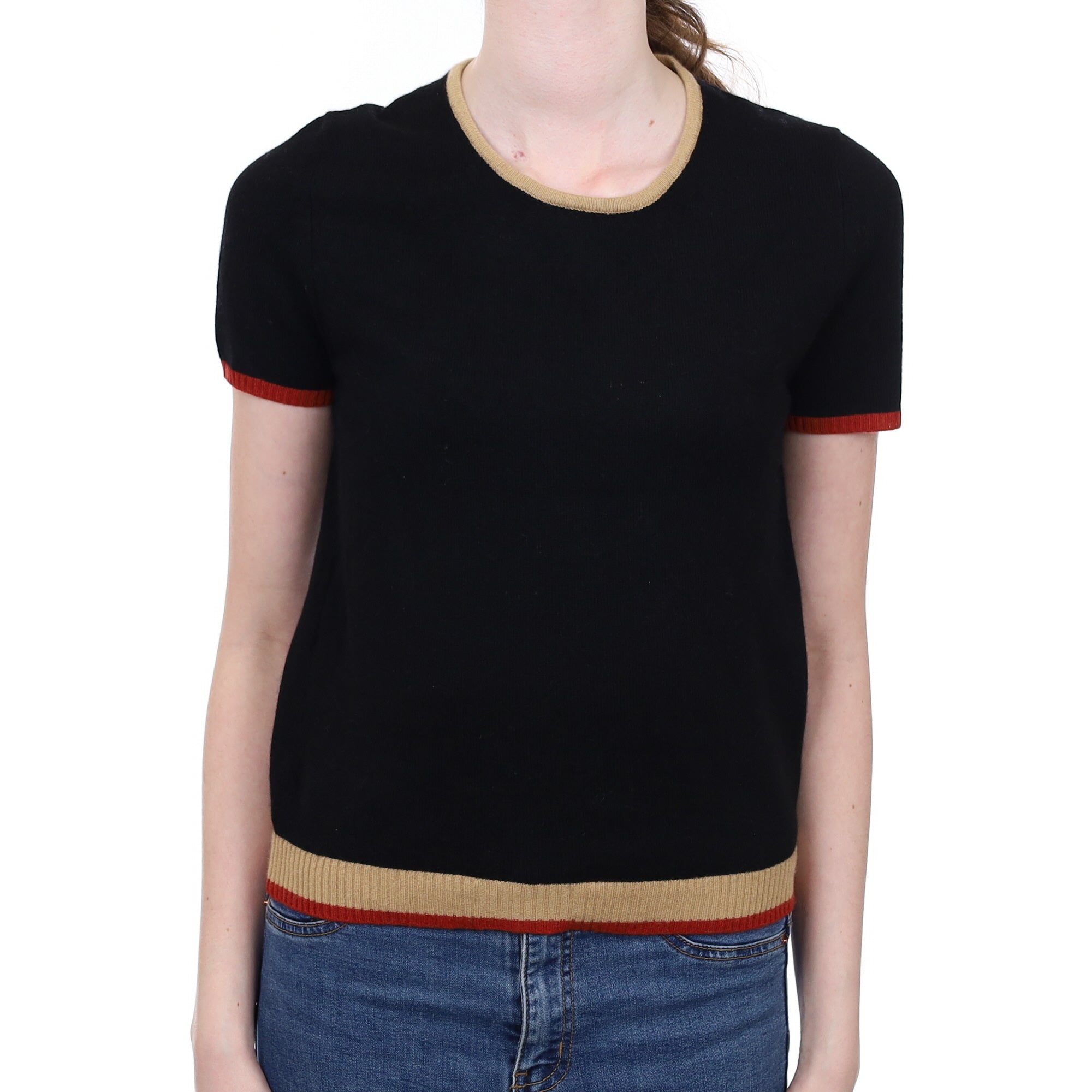 Black Cashmere Crew Neck Short Sleeved Jumper With Striped Edges Extra Small