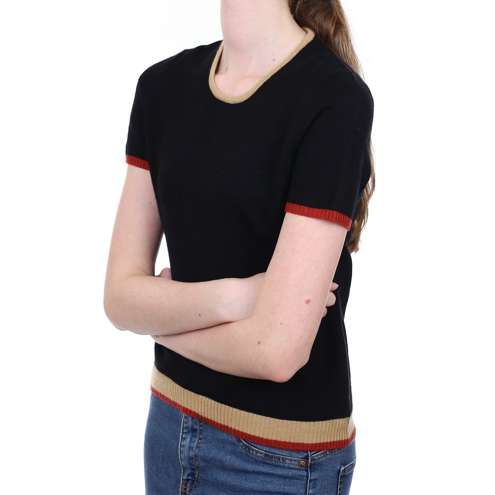 Black Cashmere Crew Neck Short Sleeved Jumper With Striped Edges Extra Small