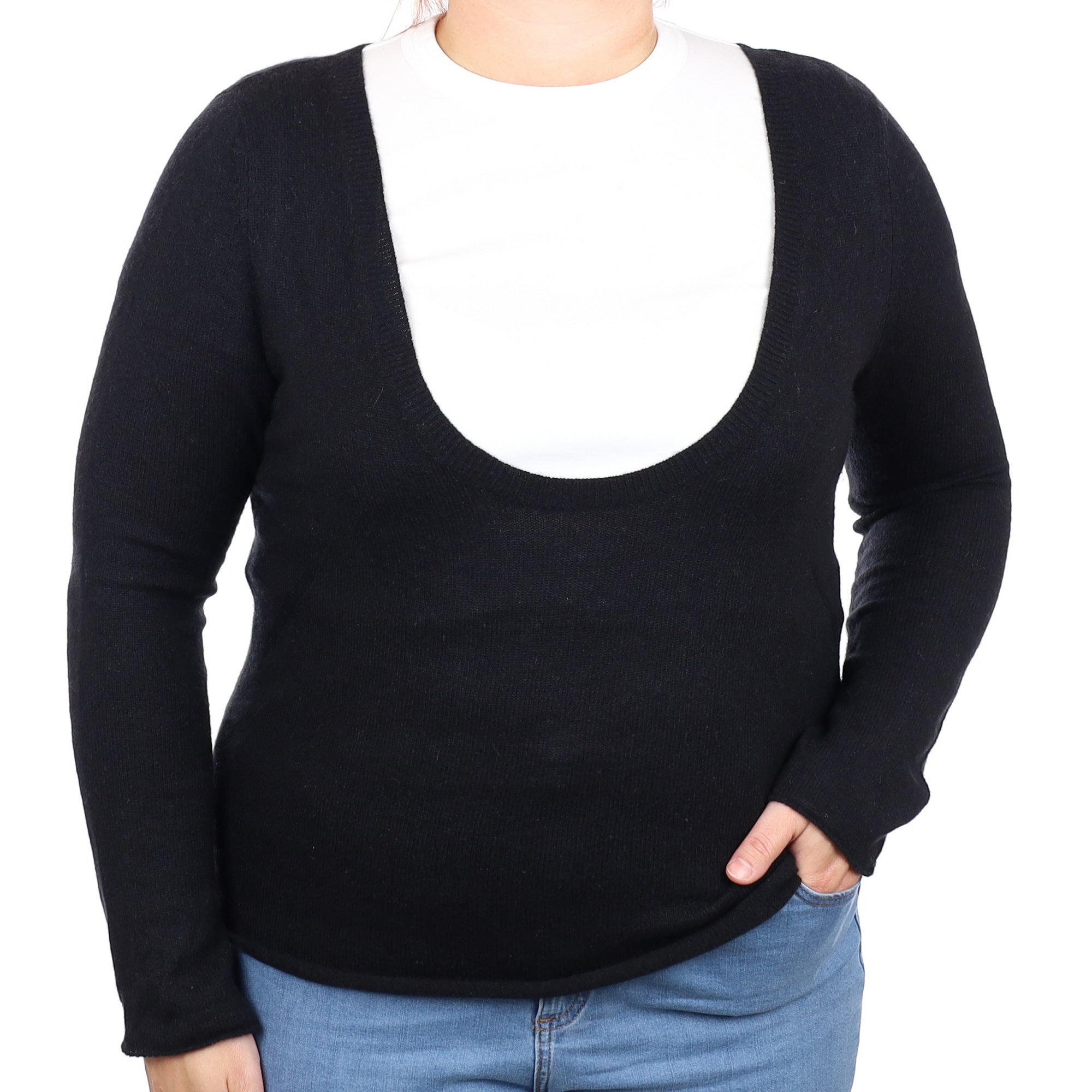 Black Cashmere Scoop Neck Jumper with Elbow Patches Large