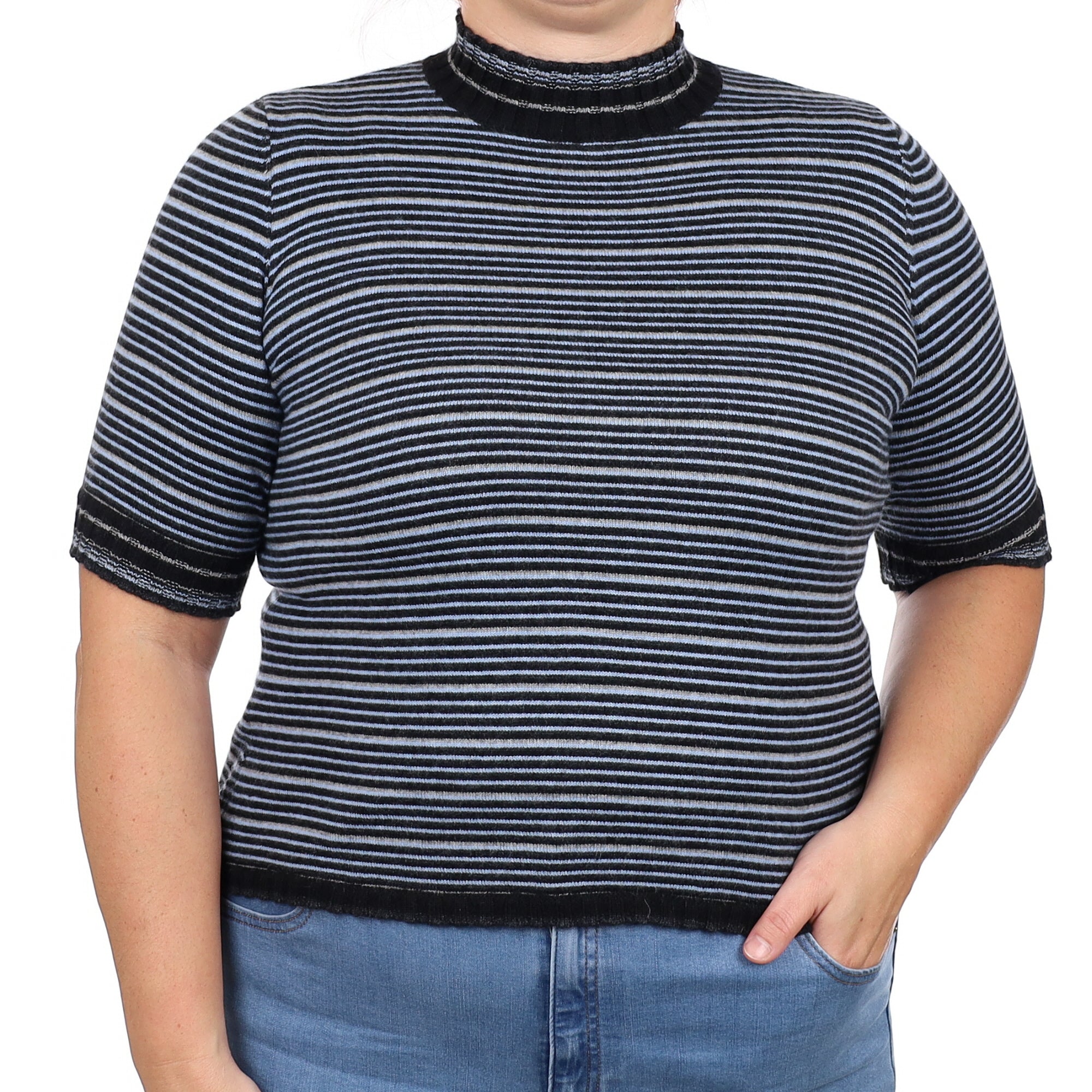 Black and Blue Stripe Cashmere Turtleneck Jumper Large