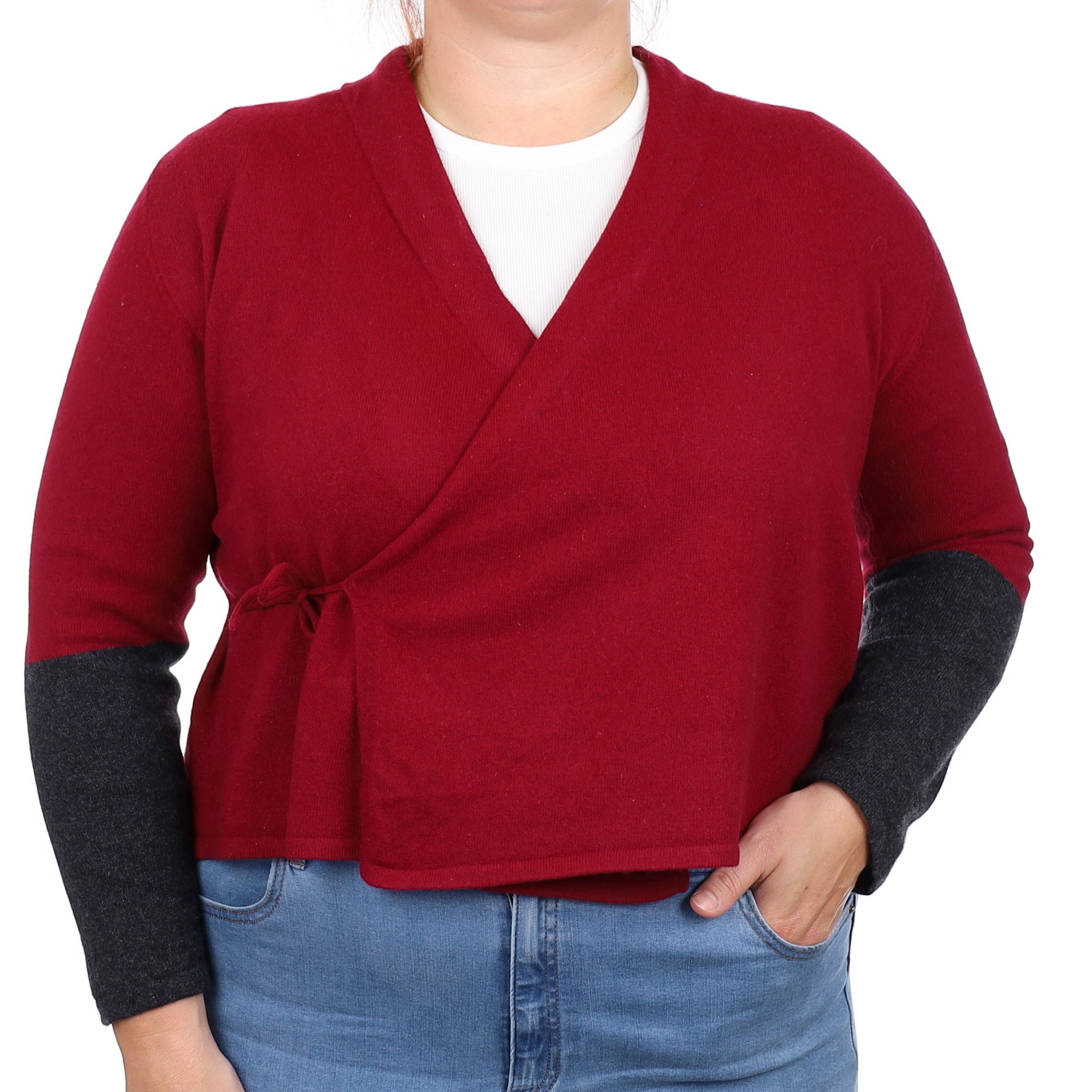 Burgundy and Charcoal Cashmere Crossover Cardigan Large