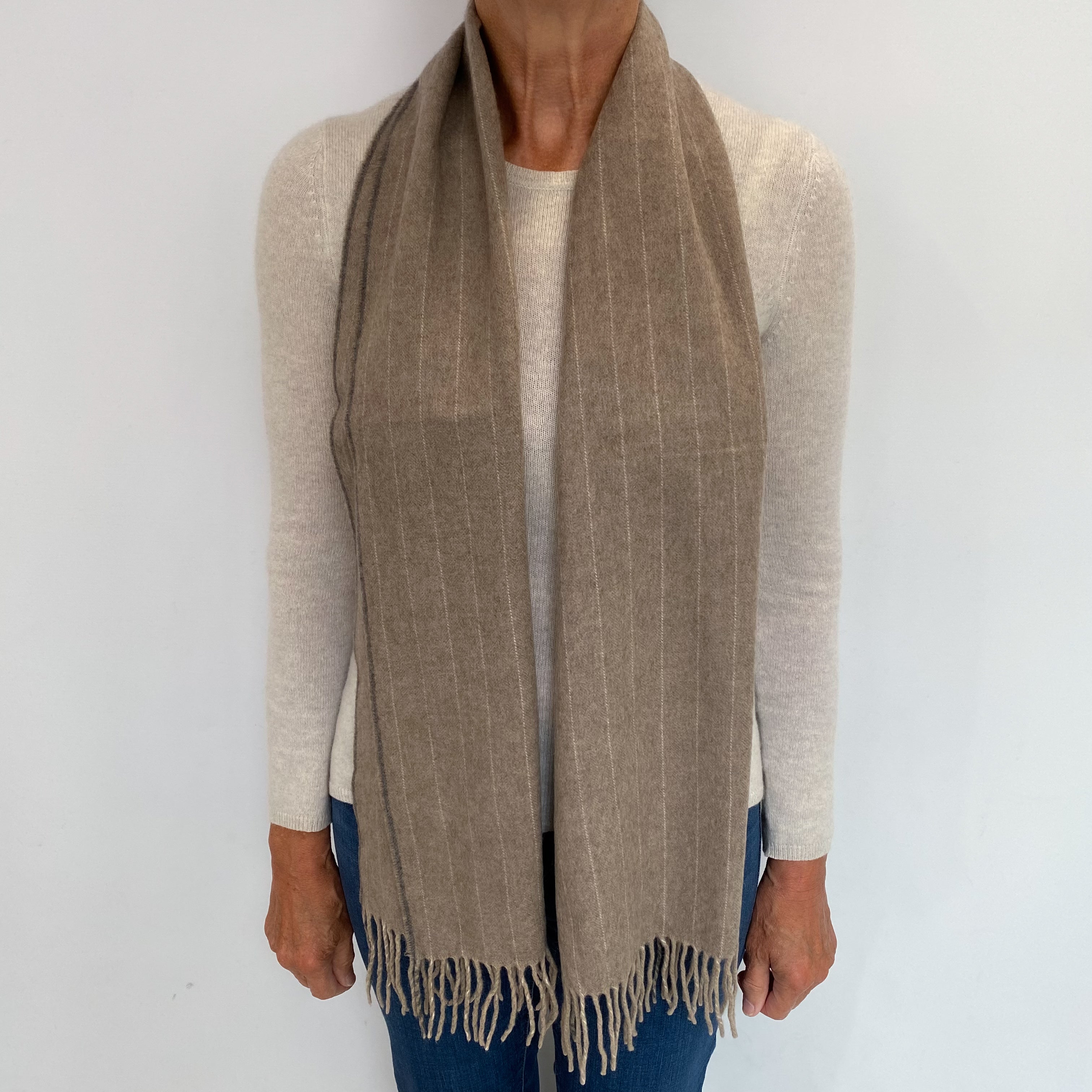 Taupe Pinstripe Cashmere Woven Fringed Scarf