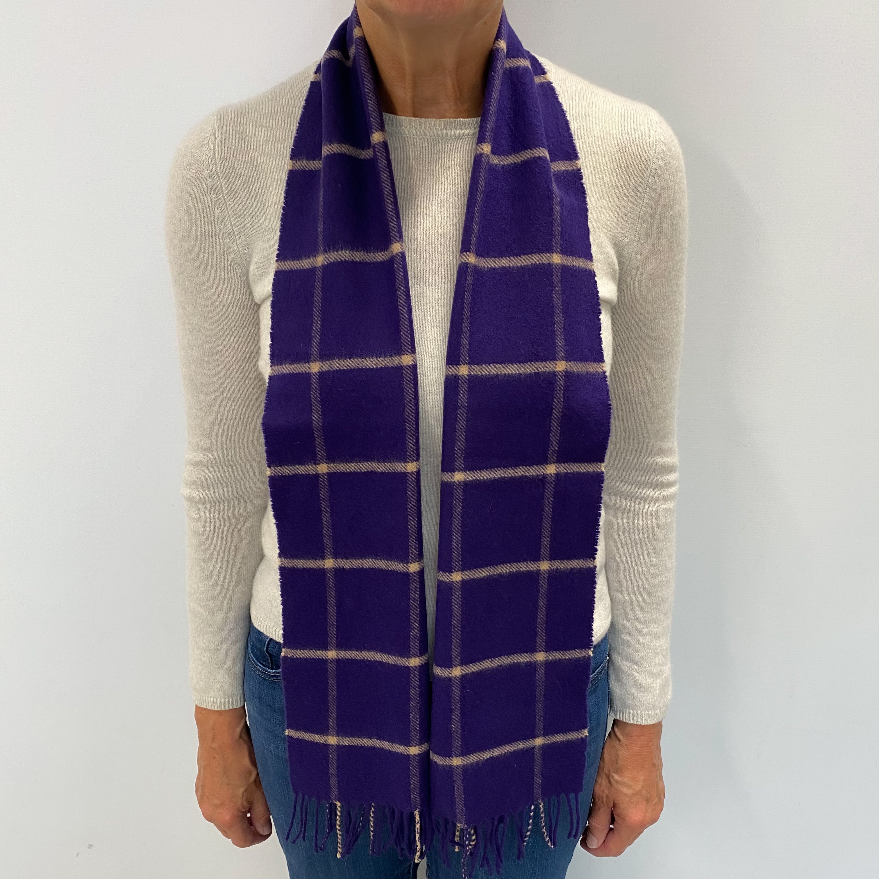 Iris Purple and Beige Checked Cashmere Woven Fringed Scarf