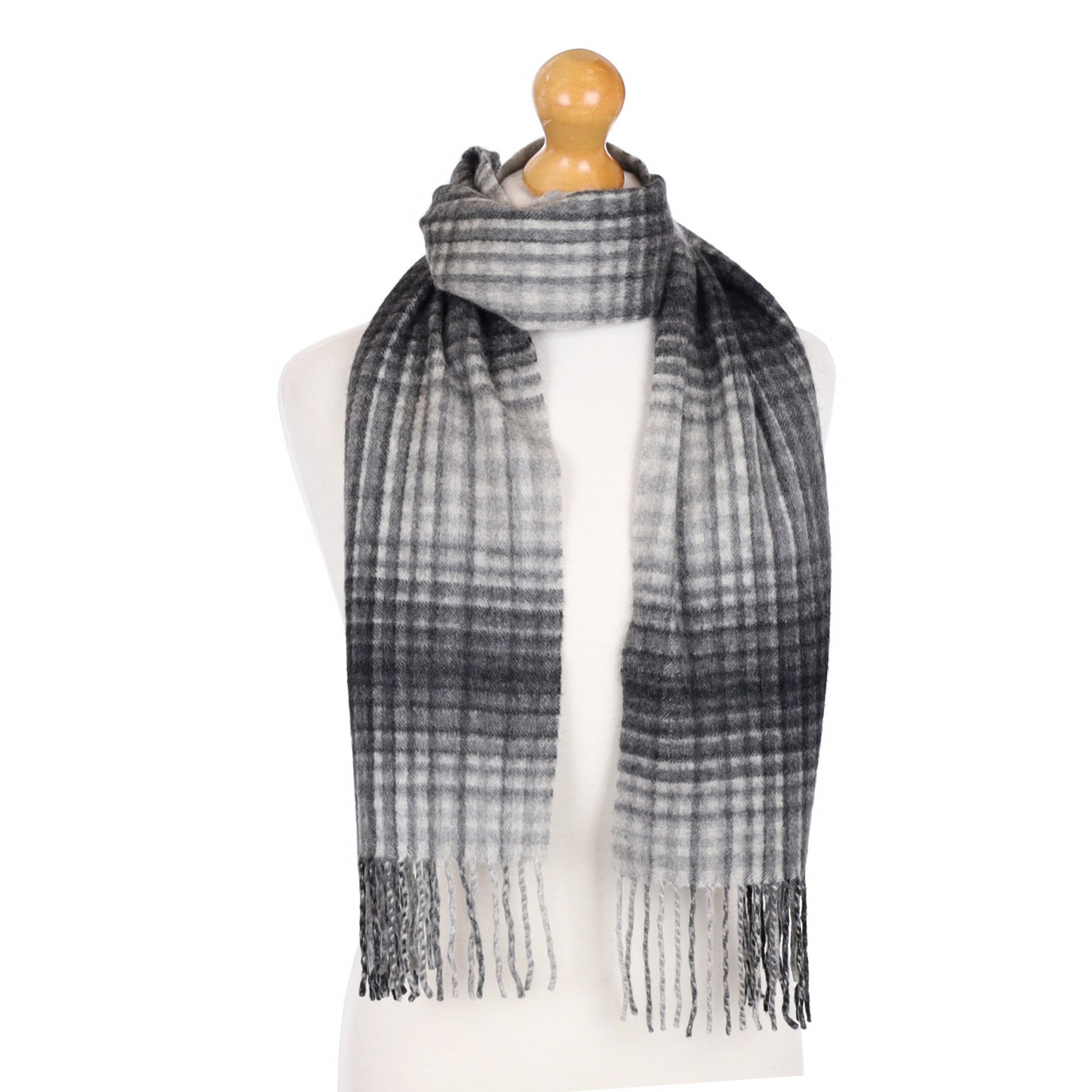 Slate Grey Checked Cashmere Fringed Woven Scarf