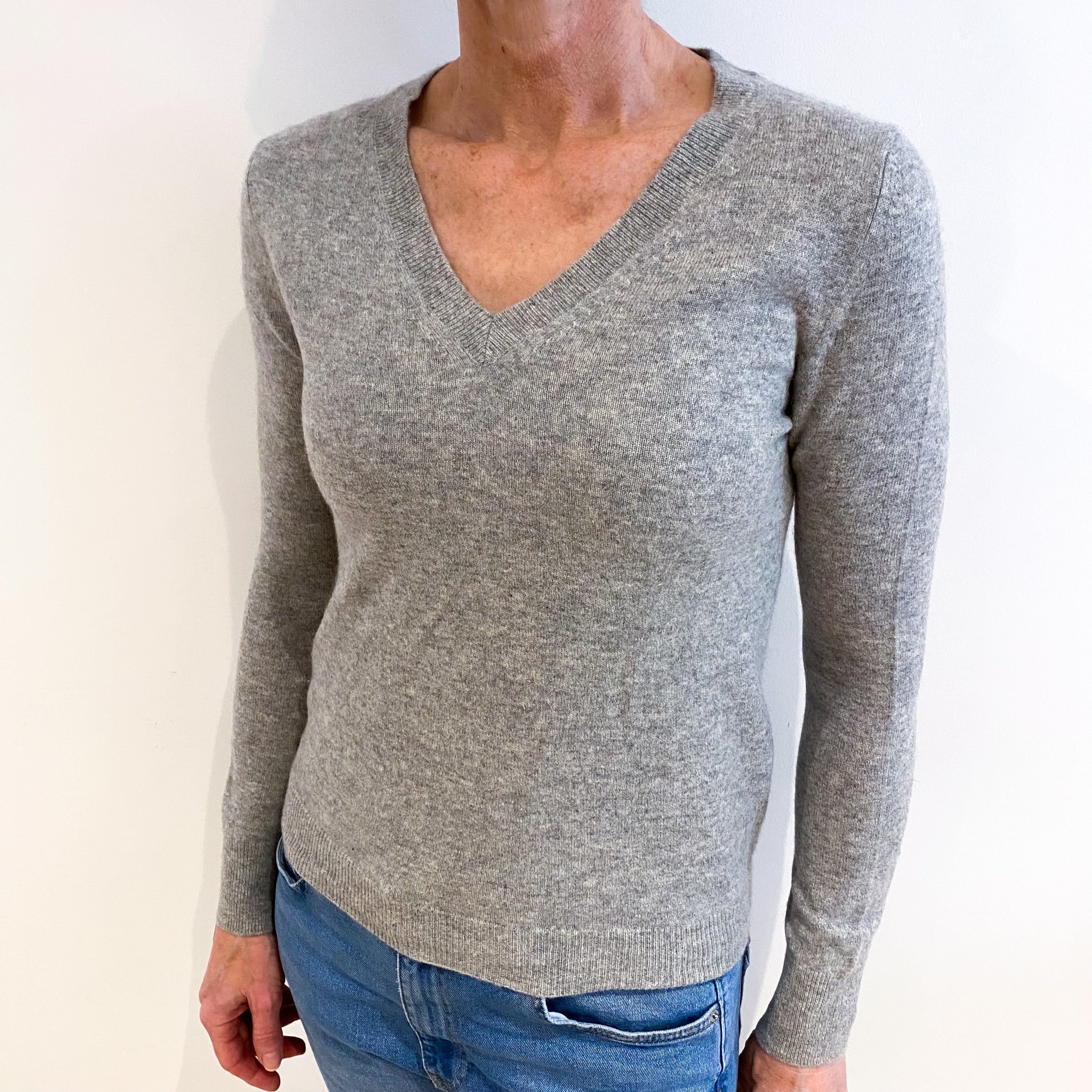 Smoke Grey Cashmere V Neck Jumper Small