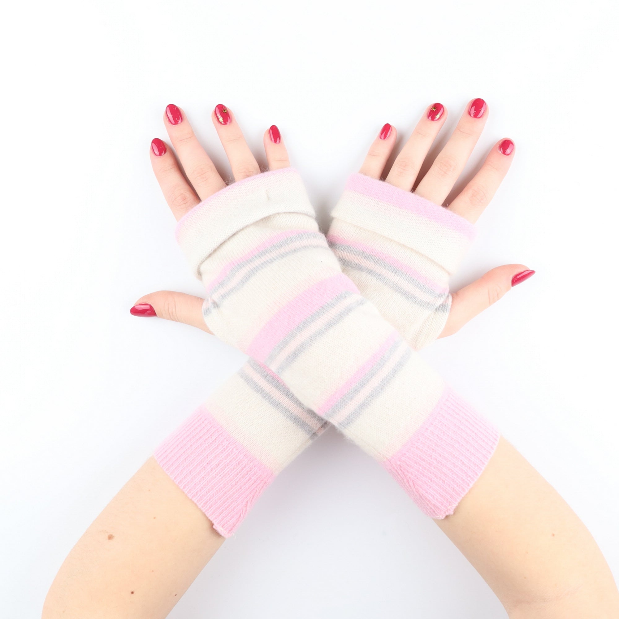 Sugarmouse Pink and Cream Stripe Fingerless Gloves