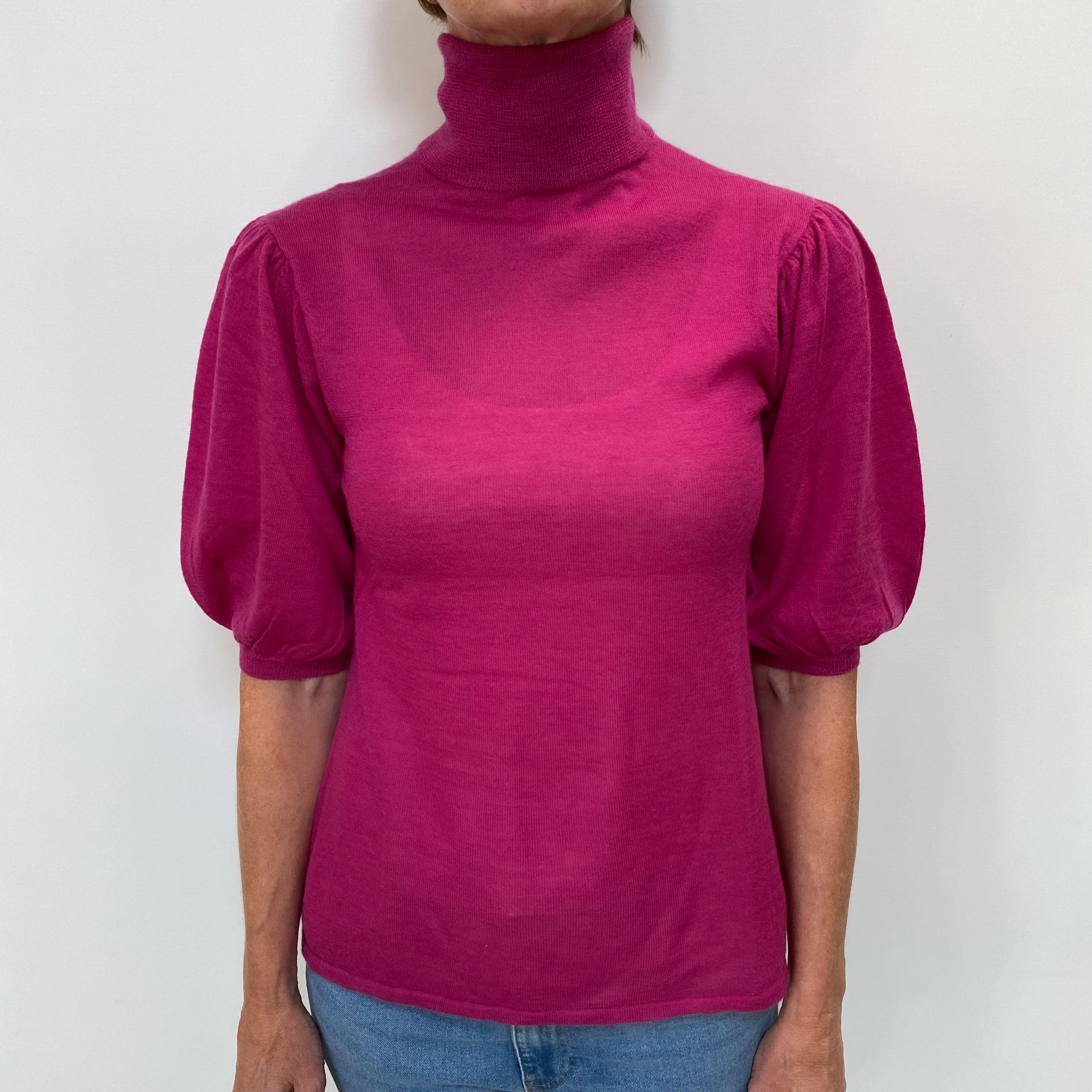 Fuchsia Pink Cashmere Balloon Sleeve Polo Neck Jumper Small