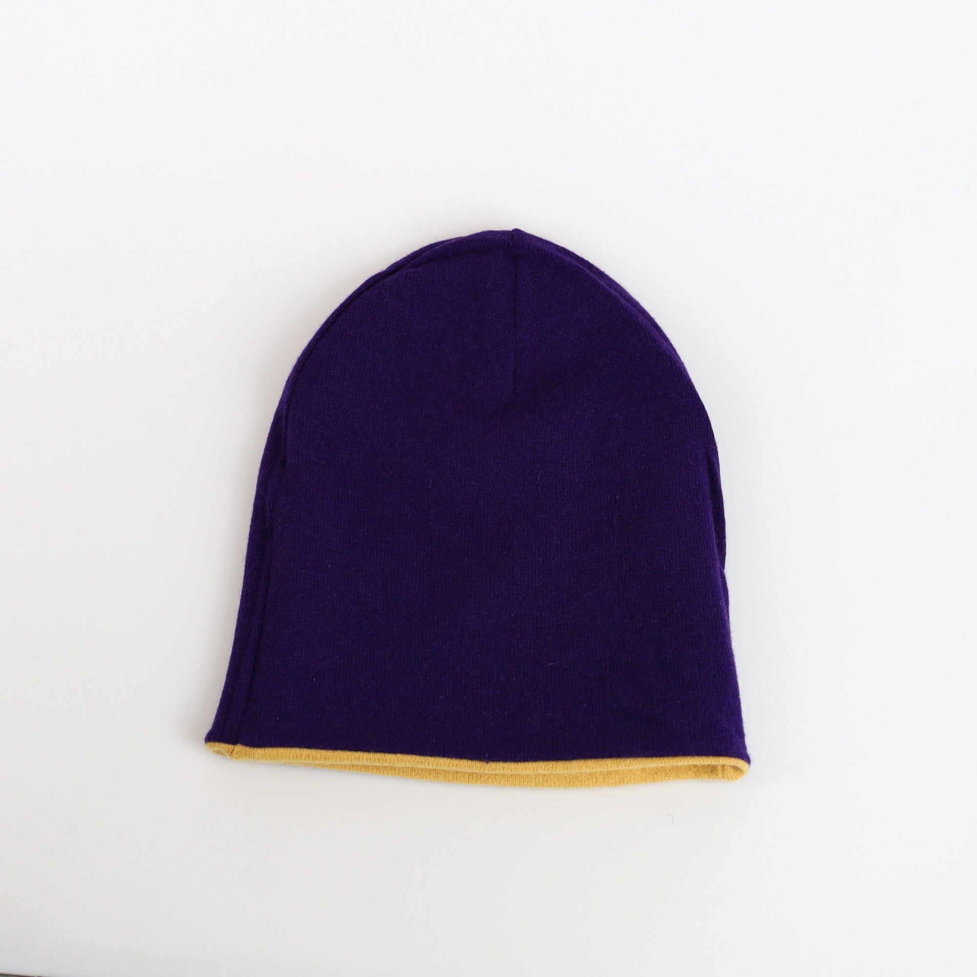 Aubergine Purple and Mustard Reversible Cashmere Beanie Hat